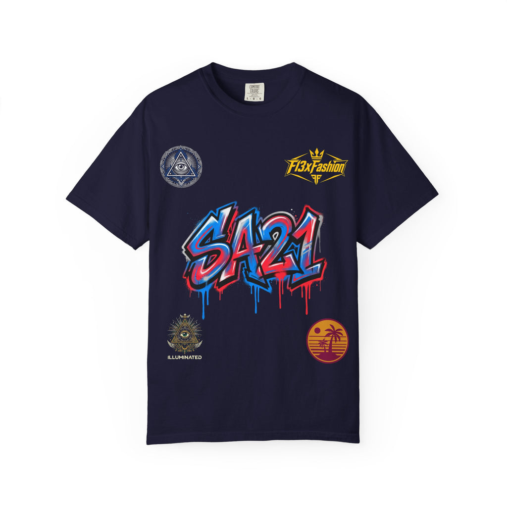 SA21 Graffiti T-Shirt — Urban Streetwear Tee with Drip Art & Tropical Patch
