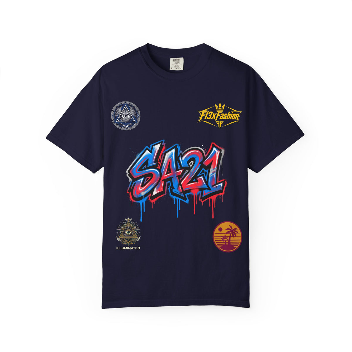 SA21 Graffiti T-Shirt — Urban Streetwear Tee with Drip Art & Tropical Patch