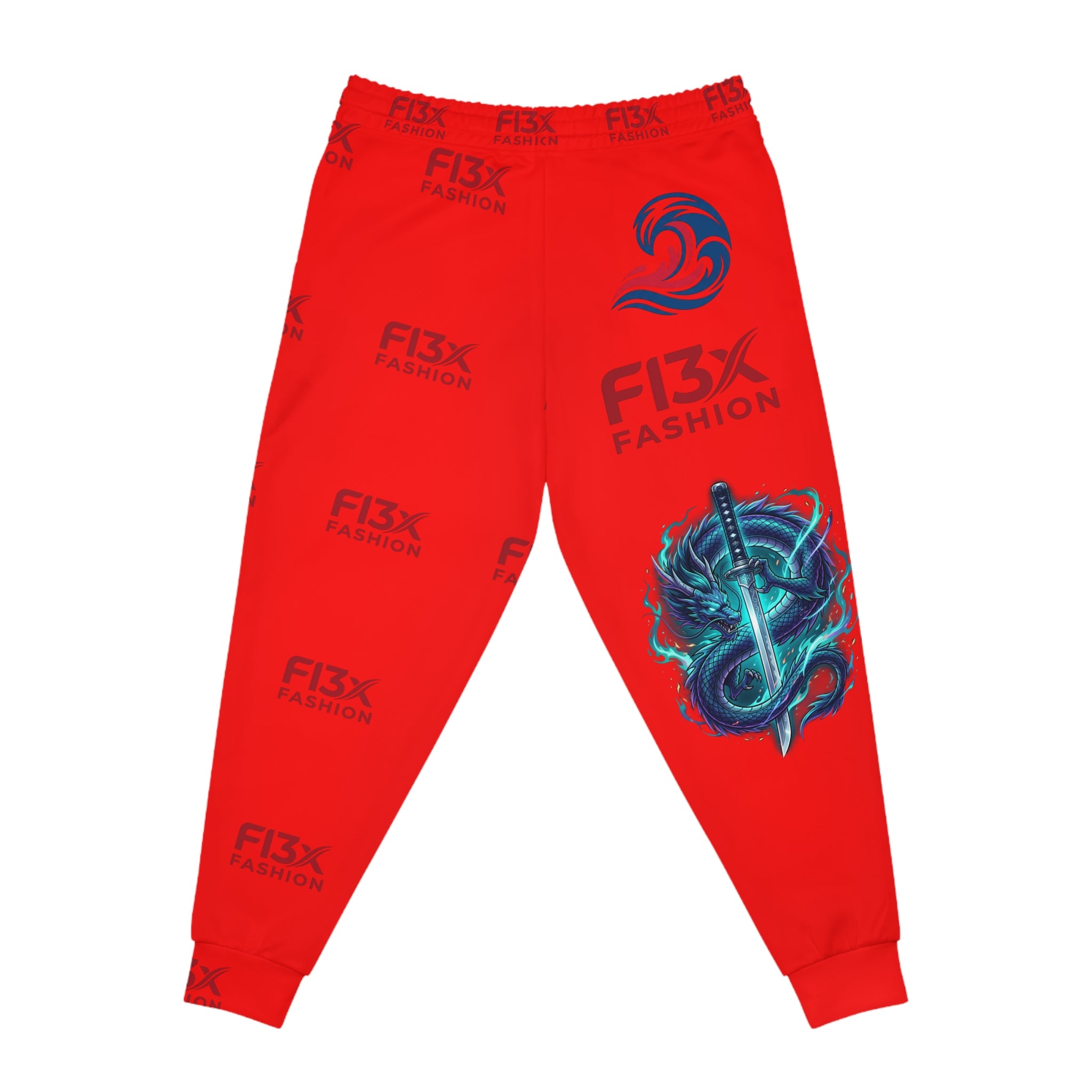 Red Graffiti 'Power' Athletic Joggers — Bold Streetwear Sweatpants with Dragon Sword Graphic