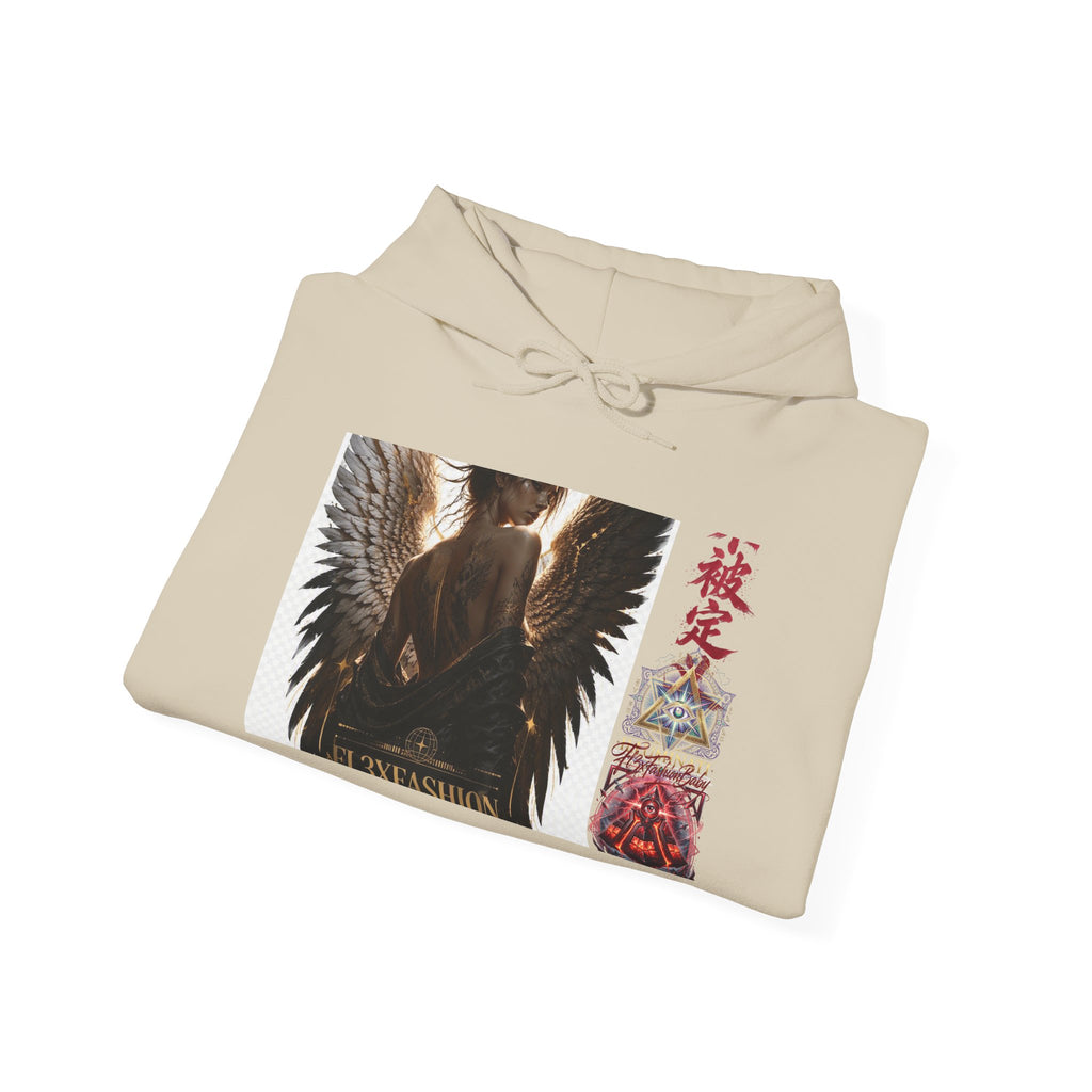 Angel Wings Graphic Hoodie — Dark Fantasy Japanese Script Design