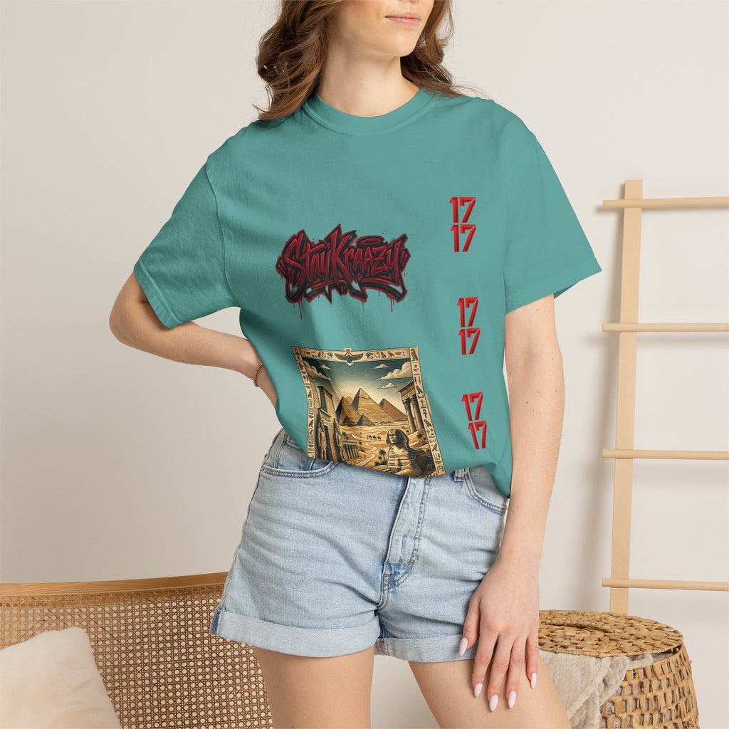 Graphic T-Shirt — Vintage Pyramid Collage with 'Wanted' Drip Design