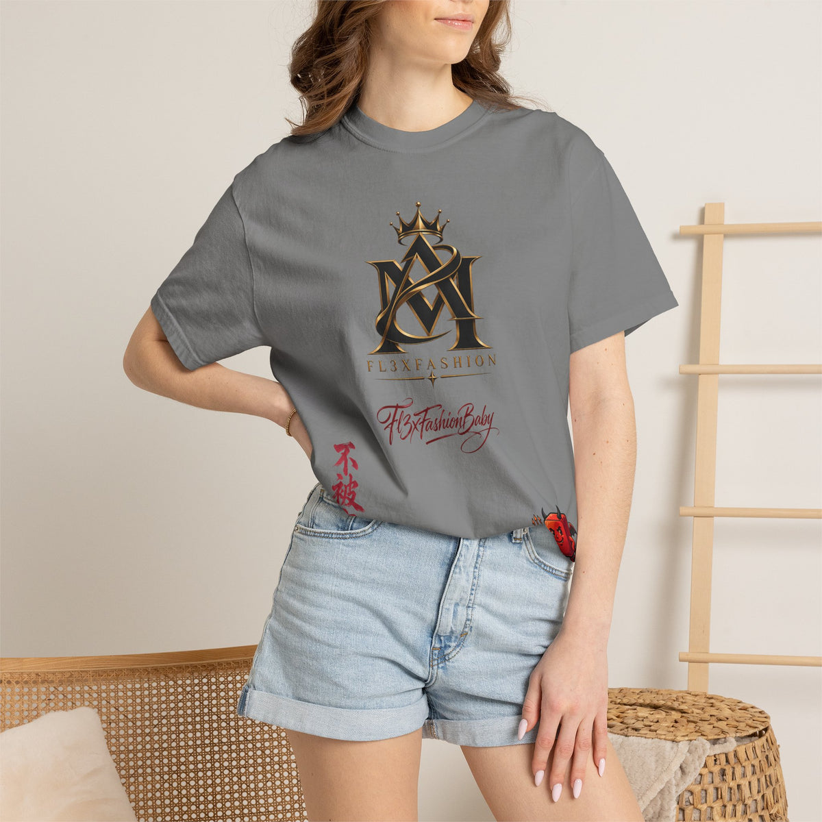 Graphic T-Shirt — Urban Asian-Inspired Logo Tee with Kanji & Devil Icon