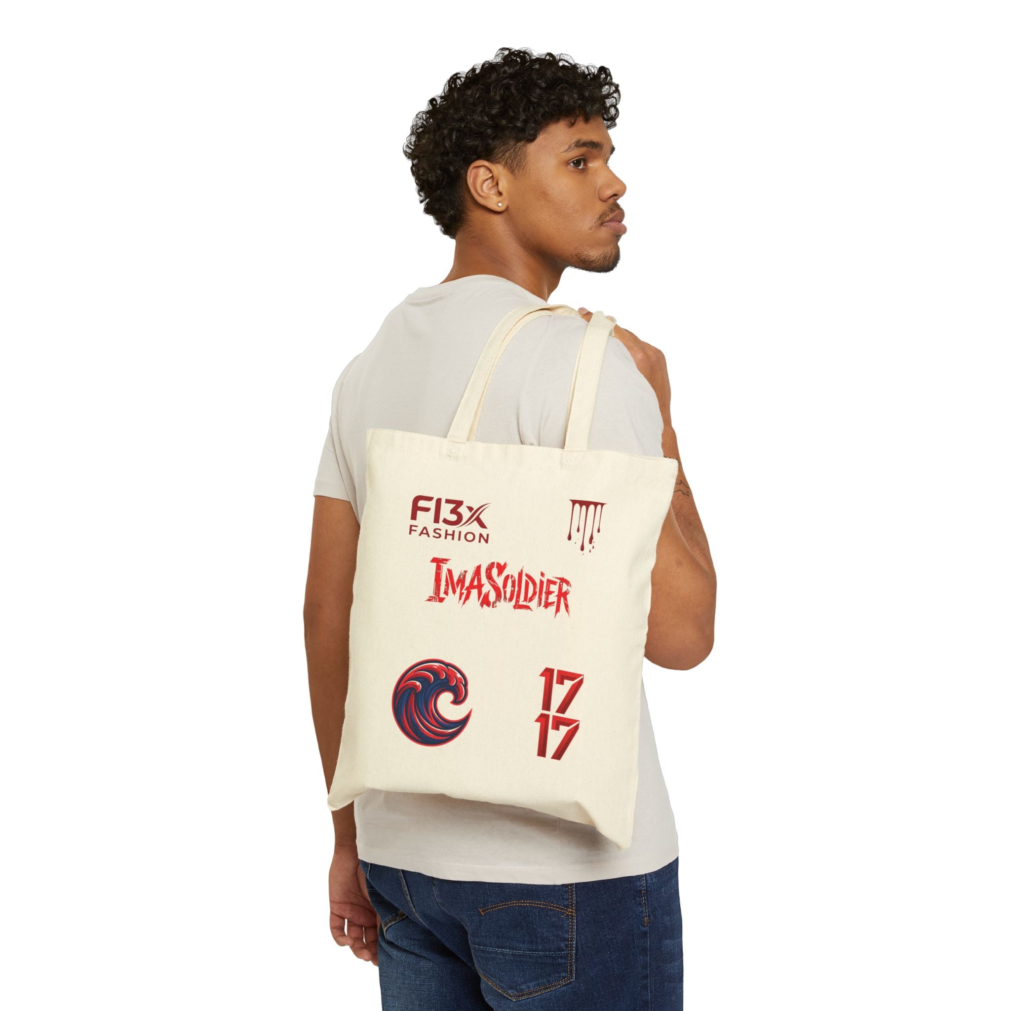 Graphic Canvas Tote Bag — 'ImaSoldier' & Emblem Print Cotton Shopper
