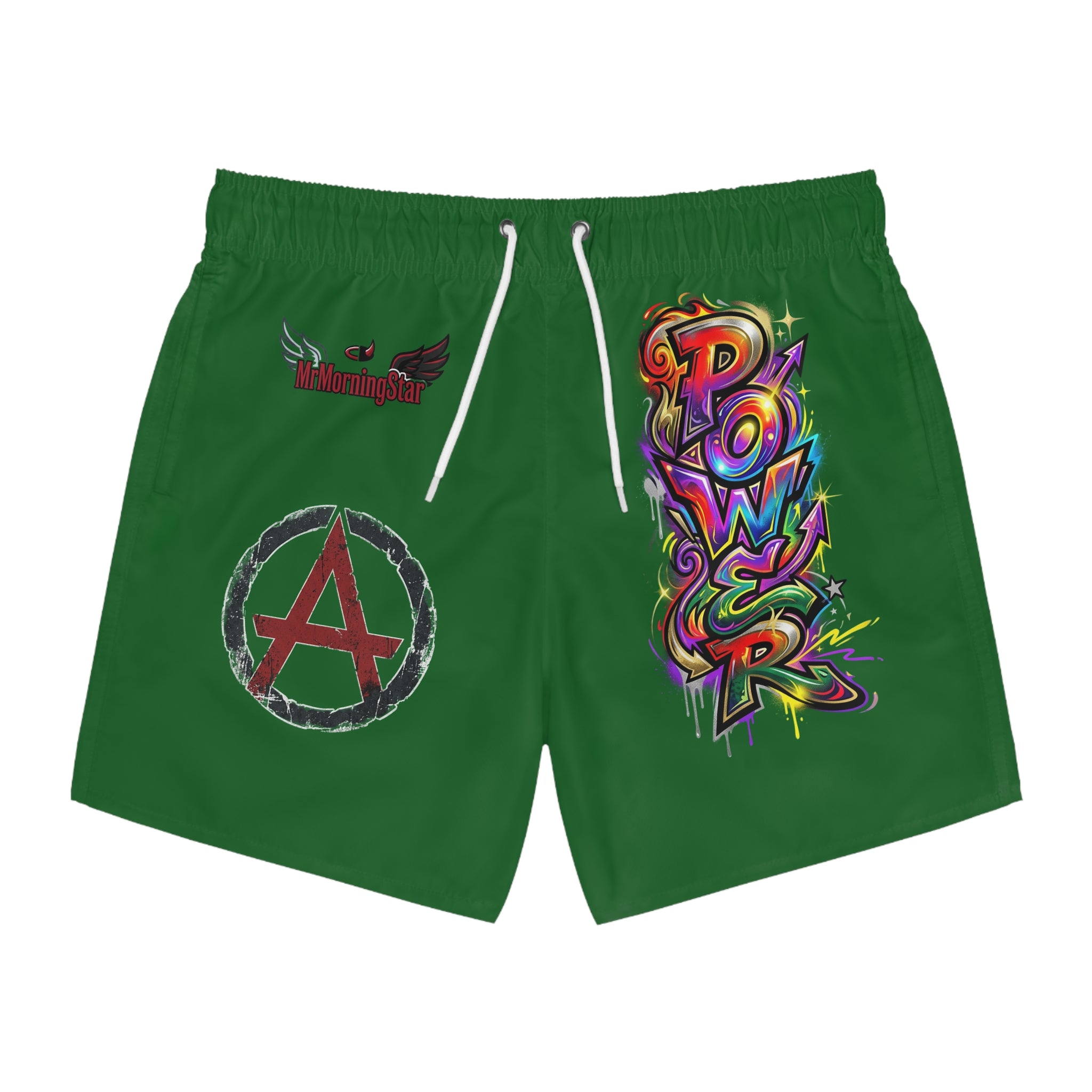 Green Graphic Swim Trunks — Pow! Graffiti & Mystic Eye AOP