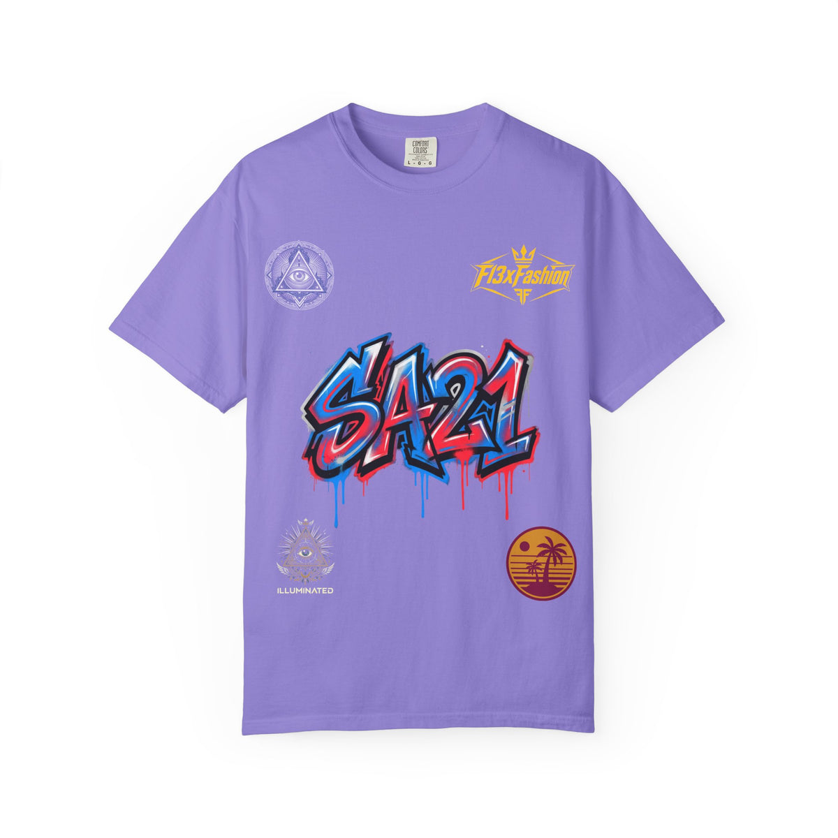 SA21 Graffiti T-Shirt — Urban Streetwear Tee with Drip Art & Tropical Patch