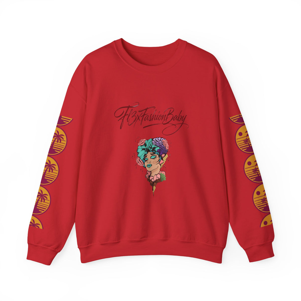 Crewneck Sweatshirt — Floral Femme Portrait “FitFashionBaby” Graphic