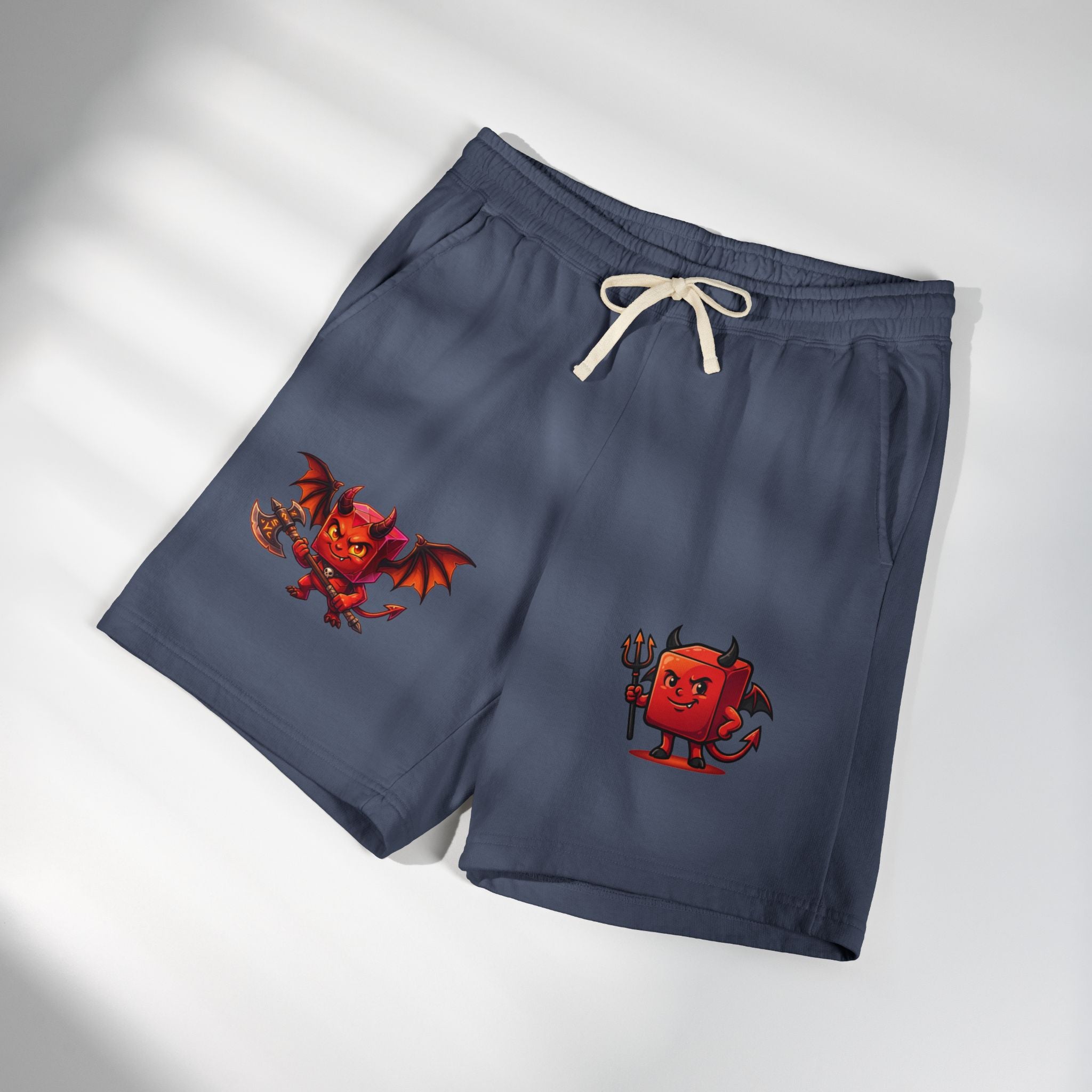 Devil Doodle Fleece Sweat Shorts — Cute Red Demon Graphic Lounge Shorts