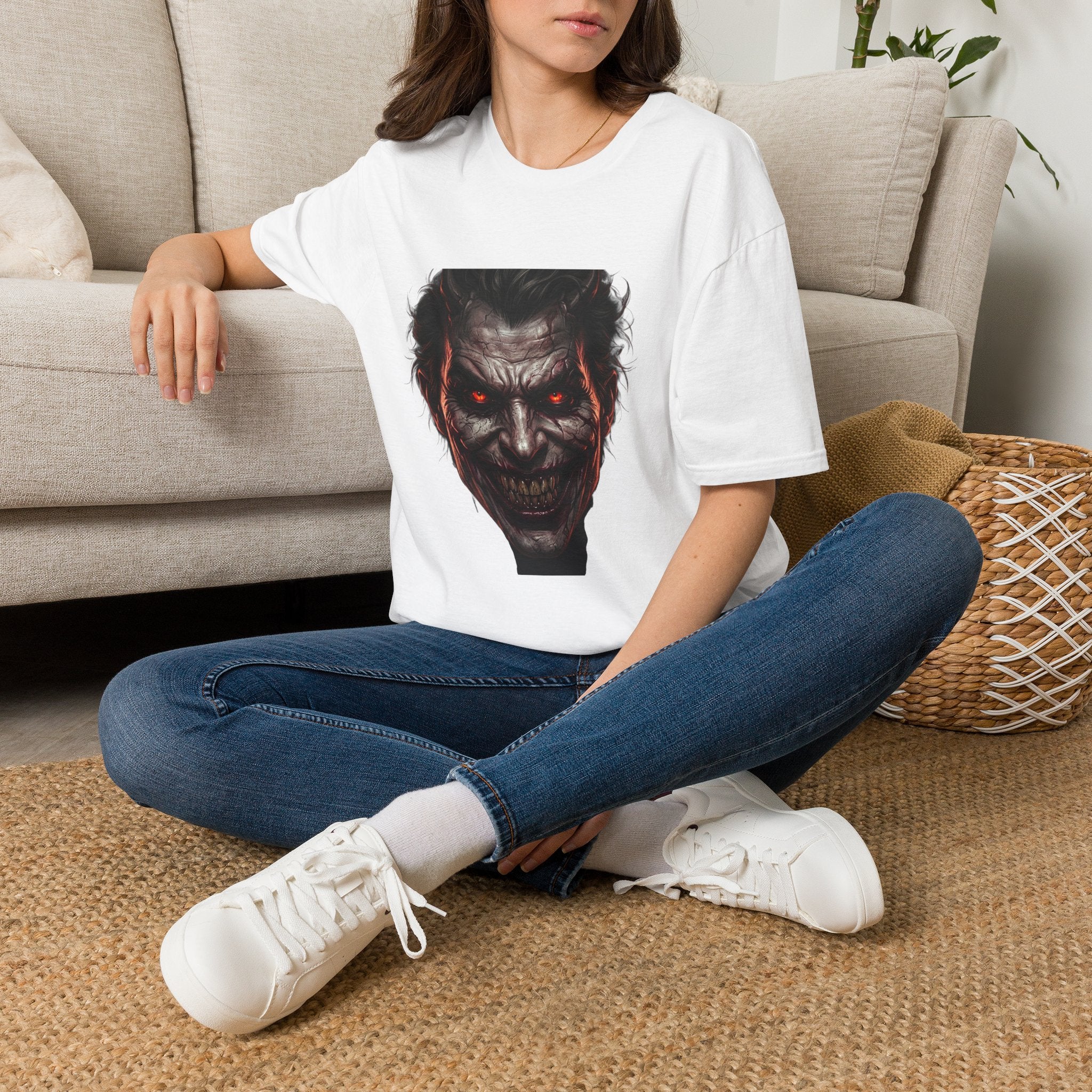 Horror Joker Face T-Shirt — Red-Eyed Villain Graphic Tee