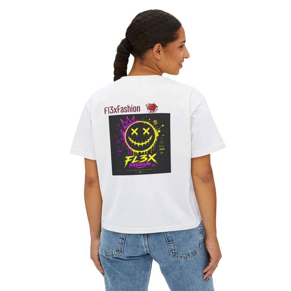 Women's Boxy Tee - Neon Smiley "FL3X" Graphic Streetwear