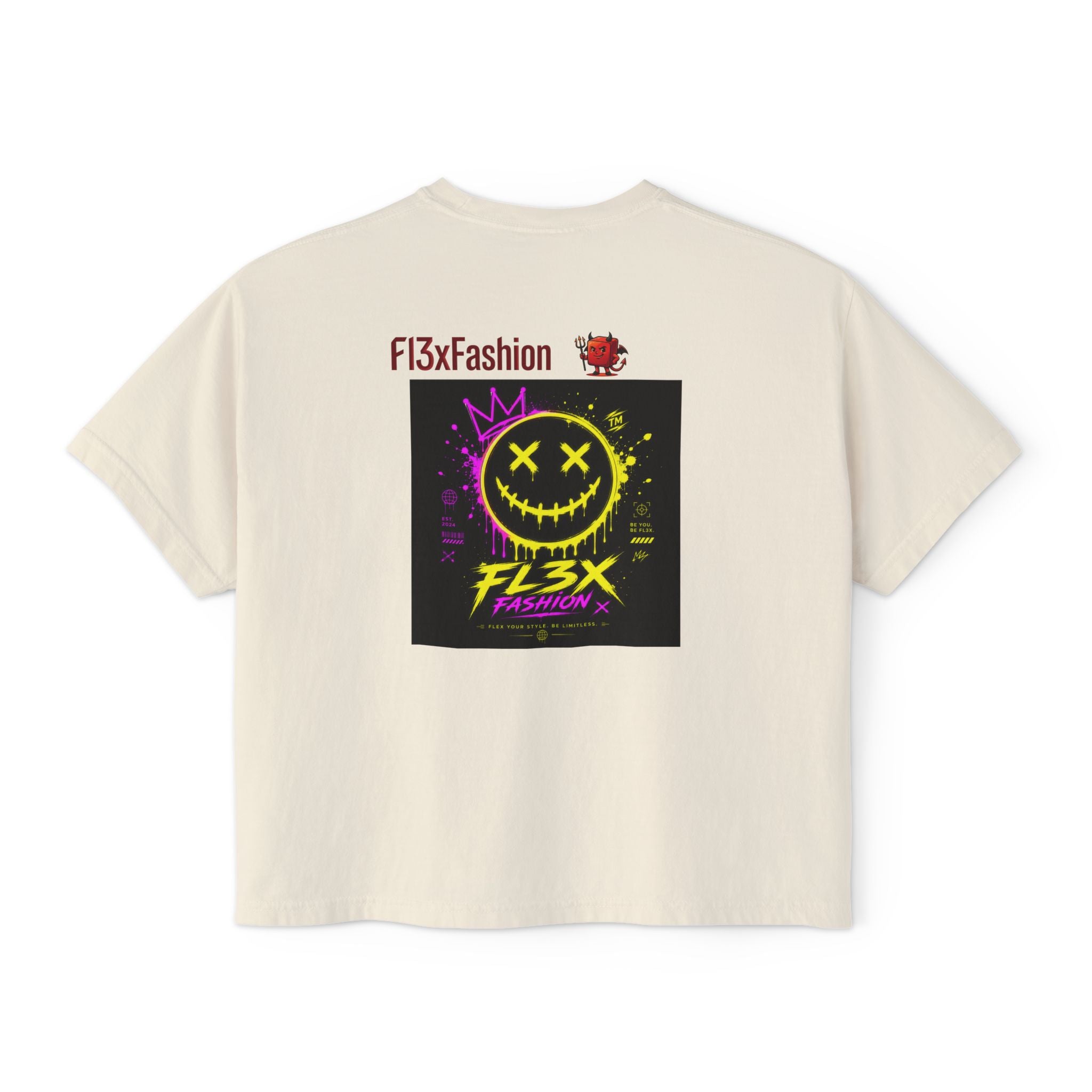 Women's Boxy Tee - Neon Smiley "FL3X" Graphic Streetwear