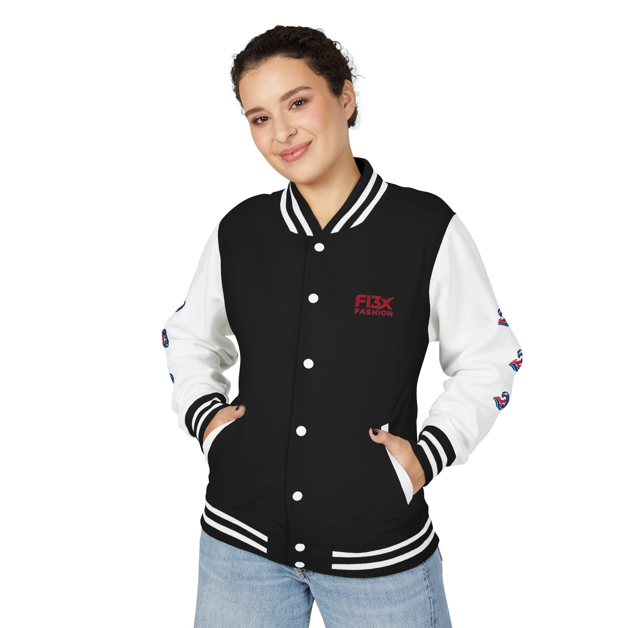 Letterman Jacket — Red Wave Graphic Varsity Jacket with 'F13X Fashion' Logo