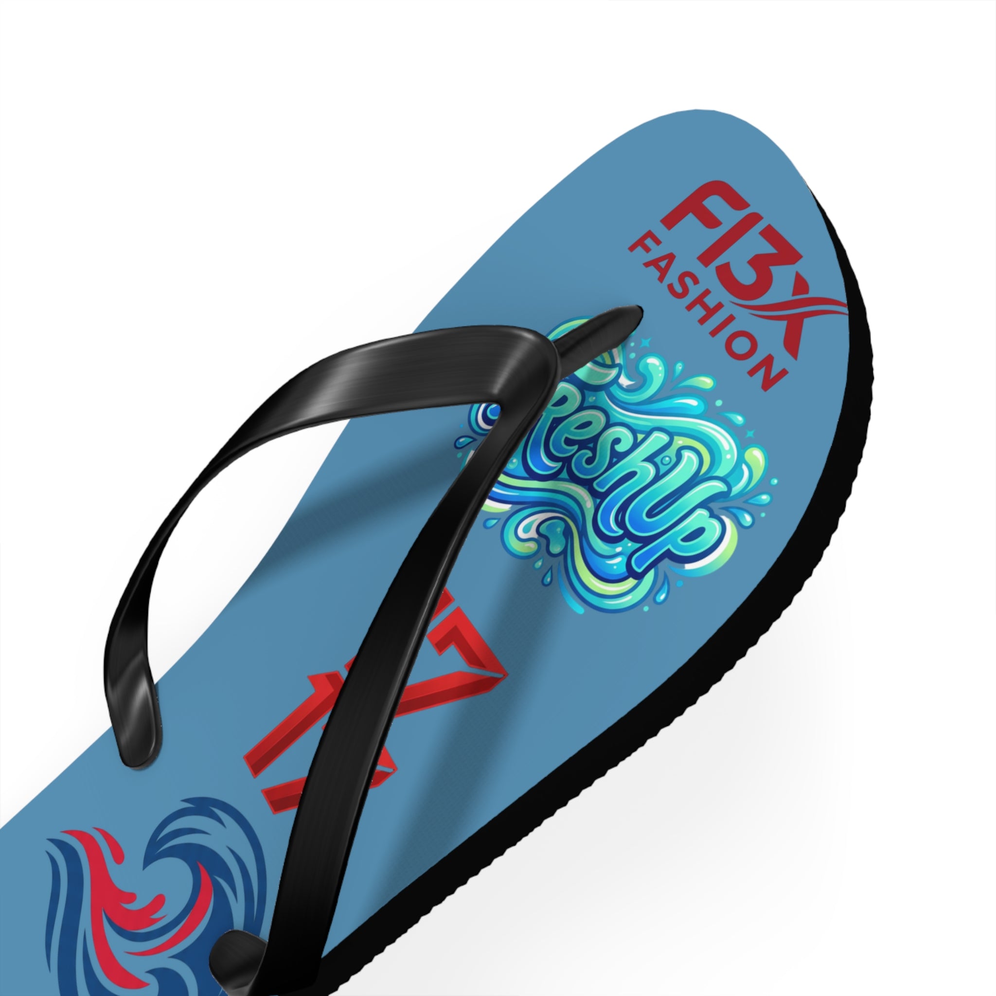 Blue Graphic Flip Flops – Surf Wave Design with '17 17' and Bold Logos
