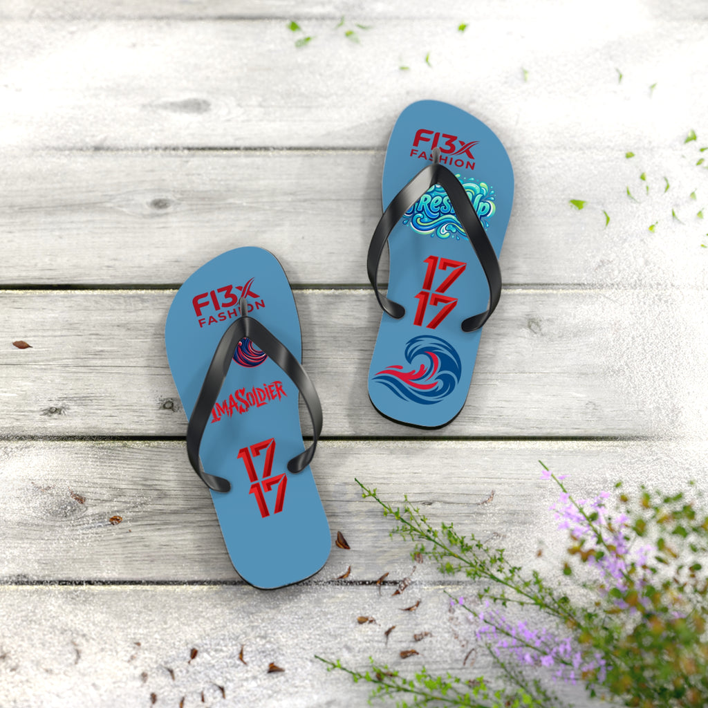 Blue Graphic Flip Flops – Surf Wave Design with '17 17' and Bold Logos
