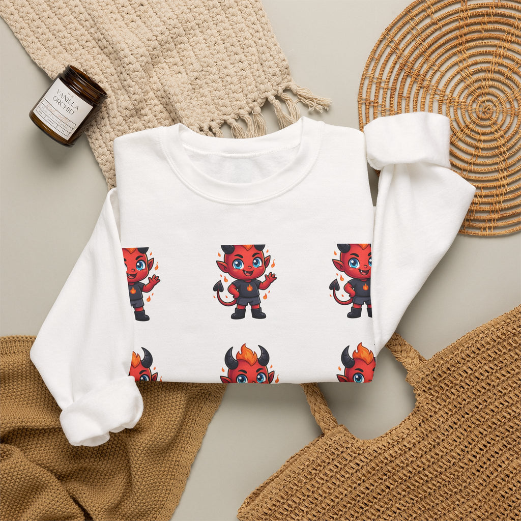 Cute Devil Character Grid Sweatshirt — Cartoon Demon Pattern Crewneck