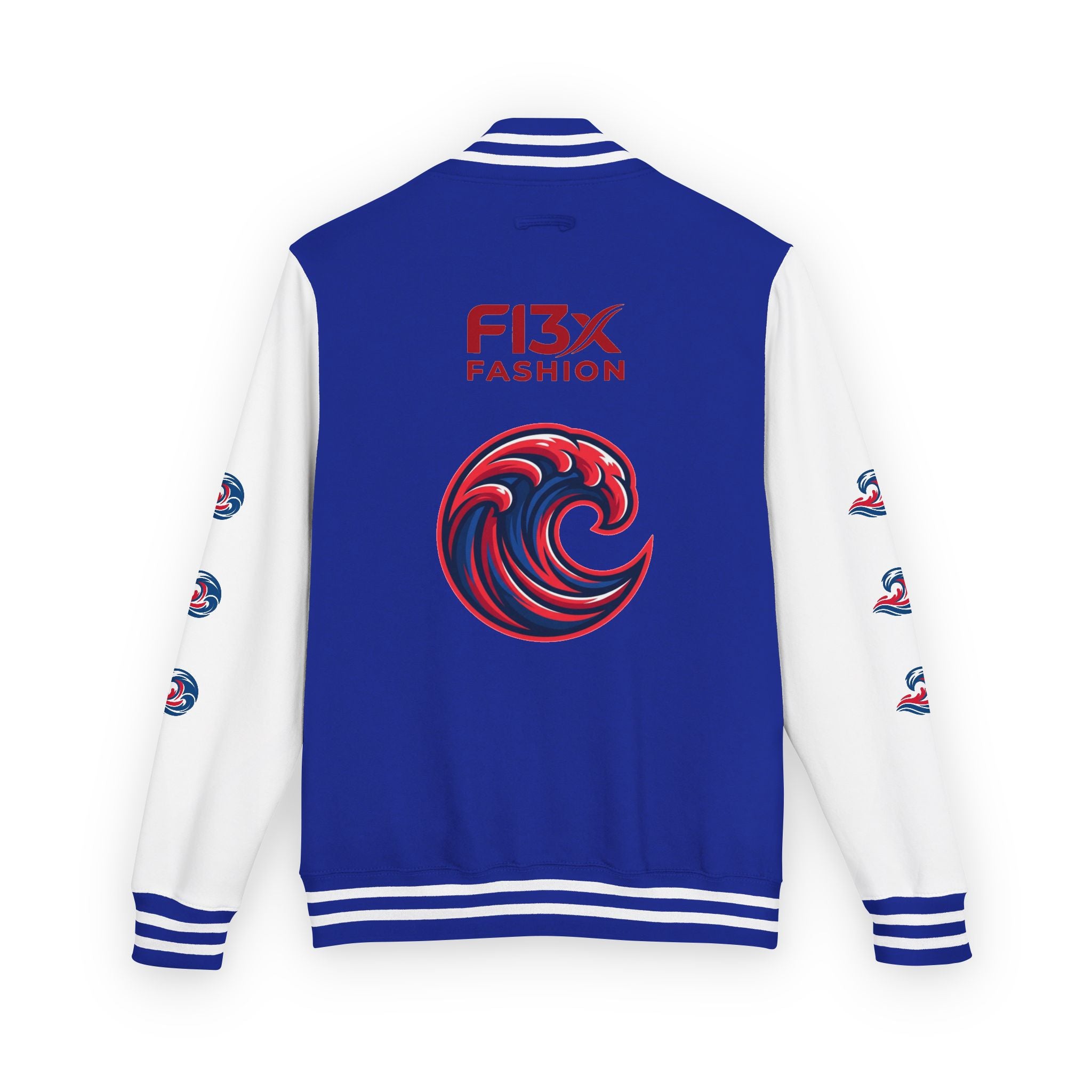Letterman Jacket — Red Wave Graphic Varsity Jacket with 'F13X Fashion' Logo