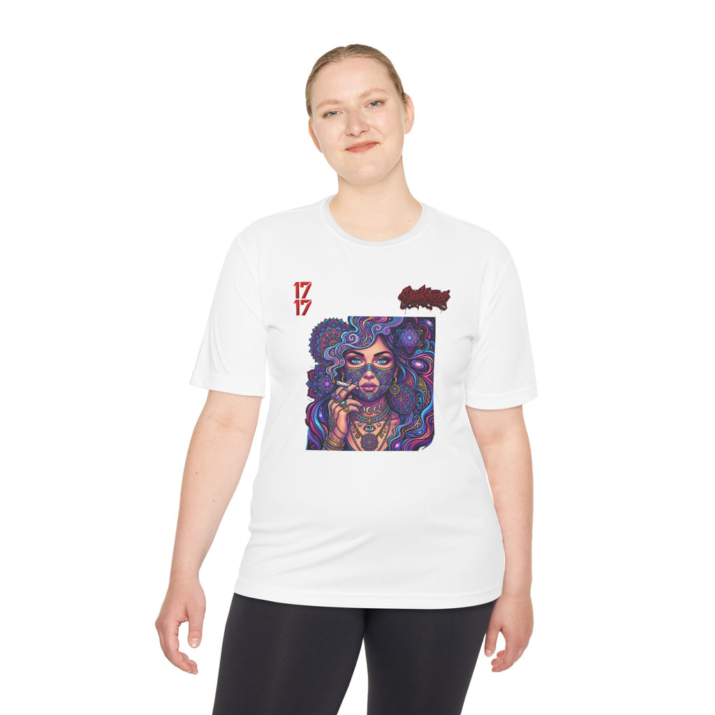 Psychedelic Woman Graphic Tee — Retro Cosmic Portrait Moisture‑Wicking Shirt