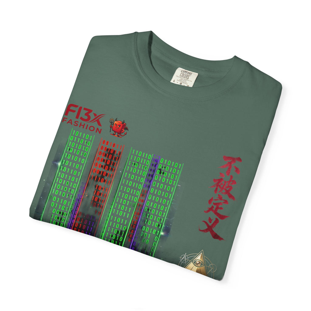 Graphic T-Shirt — Futuristic Cityscape Design with Japanese Calligraphy