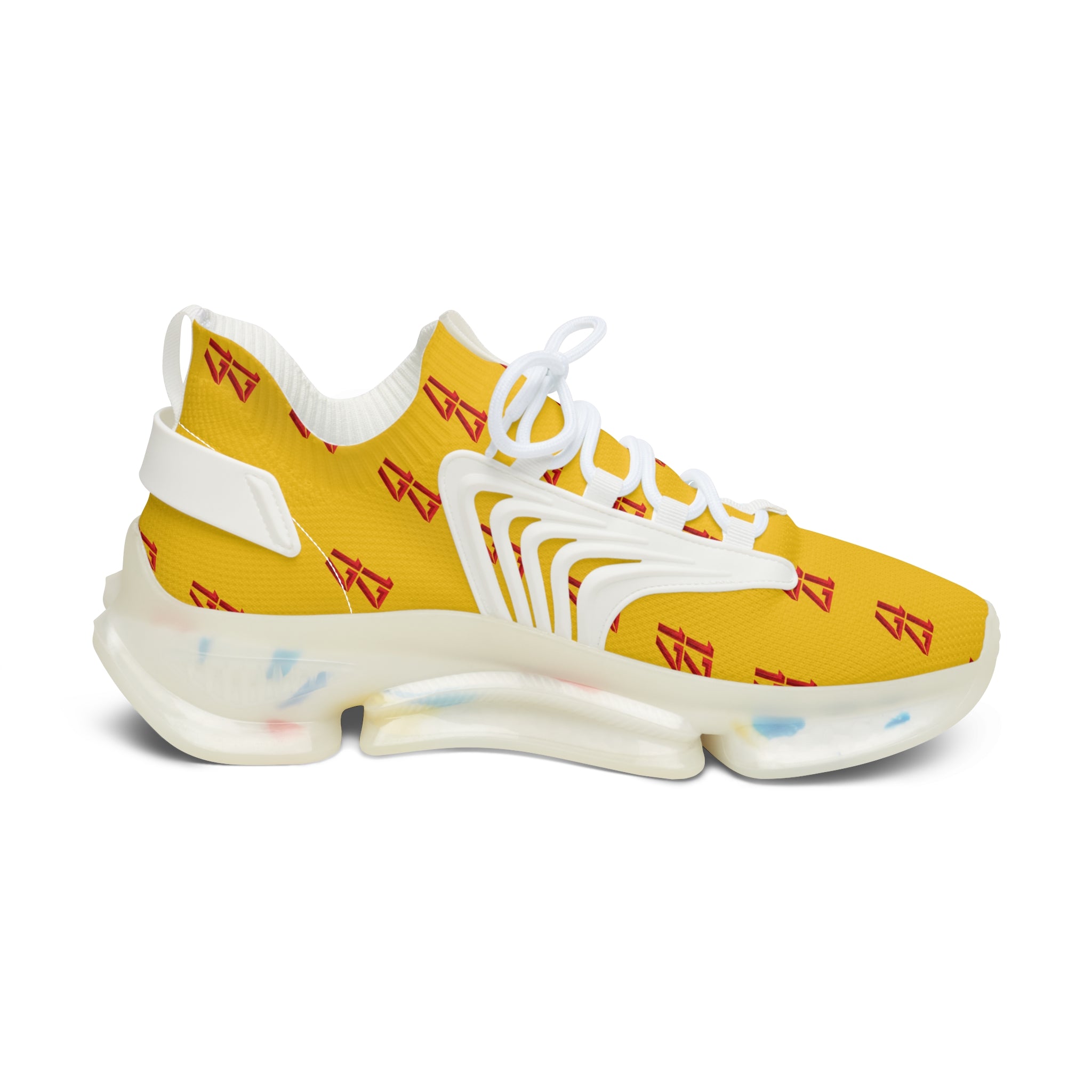 Yellow Mesh Sneakers — Breathable Women's Athletic Shoes with Red Logo Pattern
