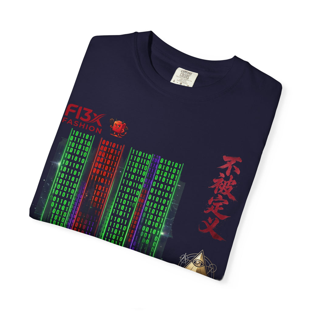 Graphic T-Shirt — Futuristic Cityscape Design with Japanese Calligraphy