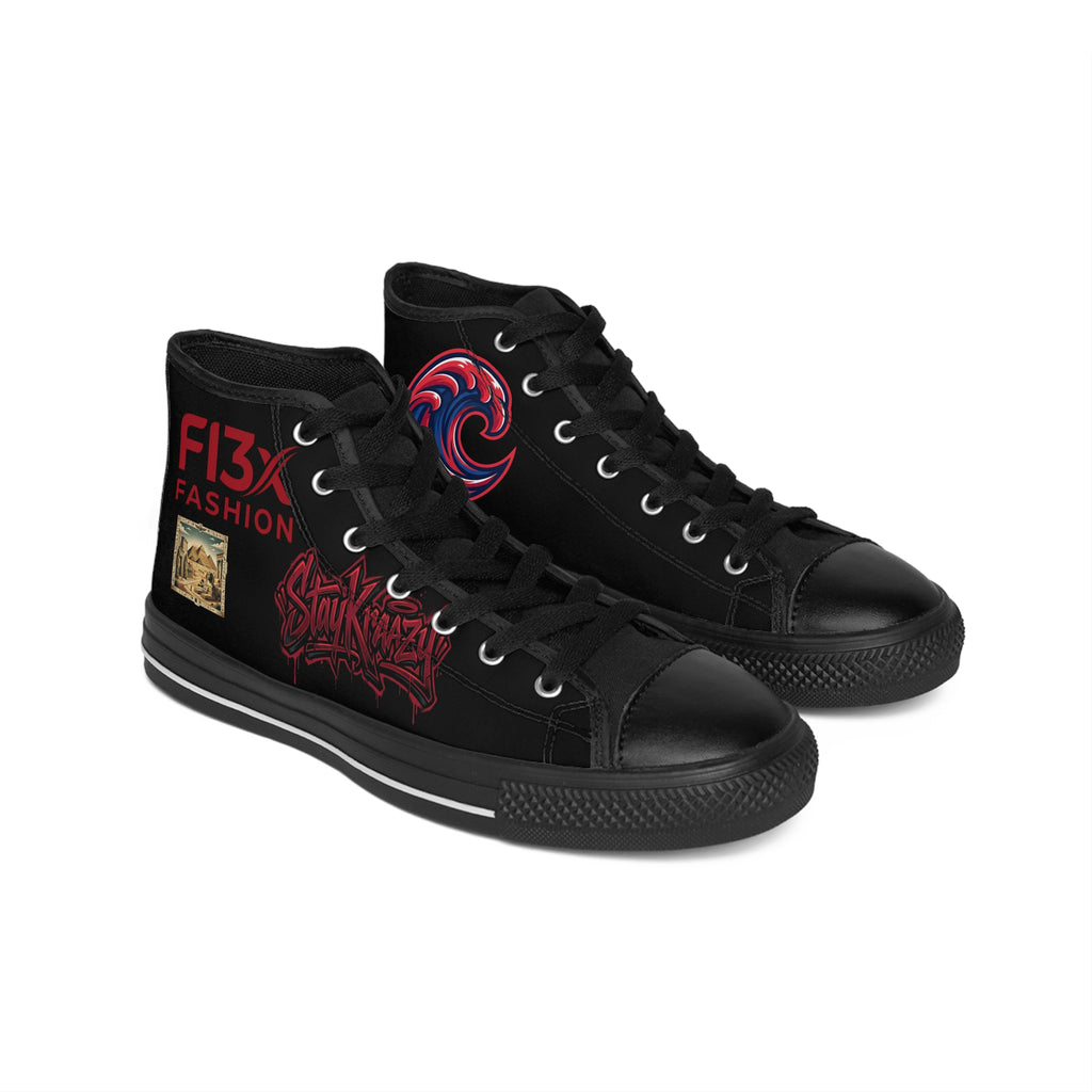 Black Graphic High-Top Sneakers — Bold Streetwear Design with 'F13X Fashion' & Wave Logo