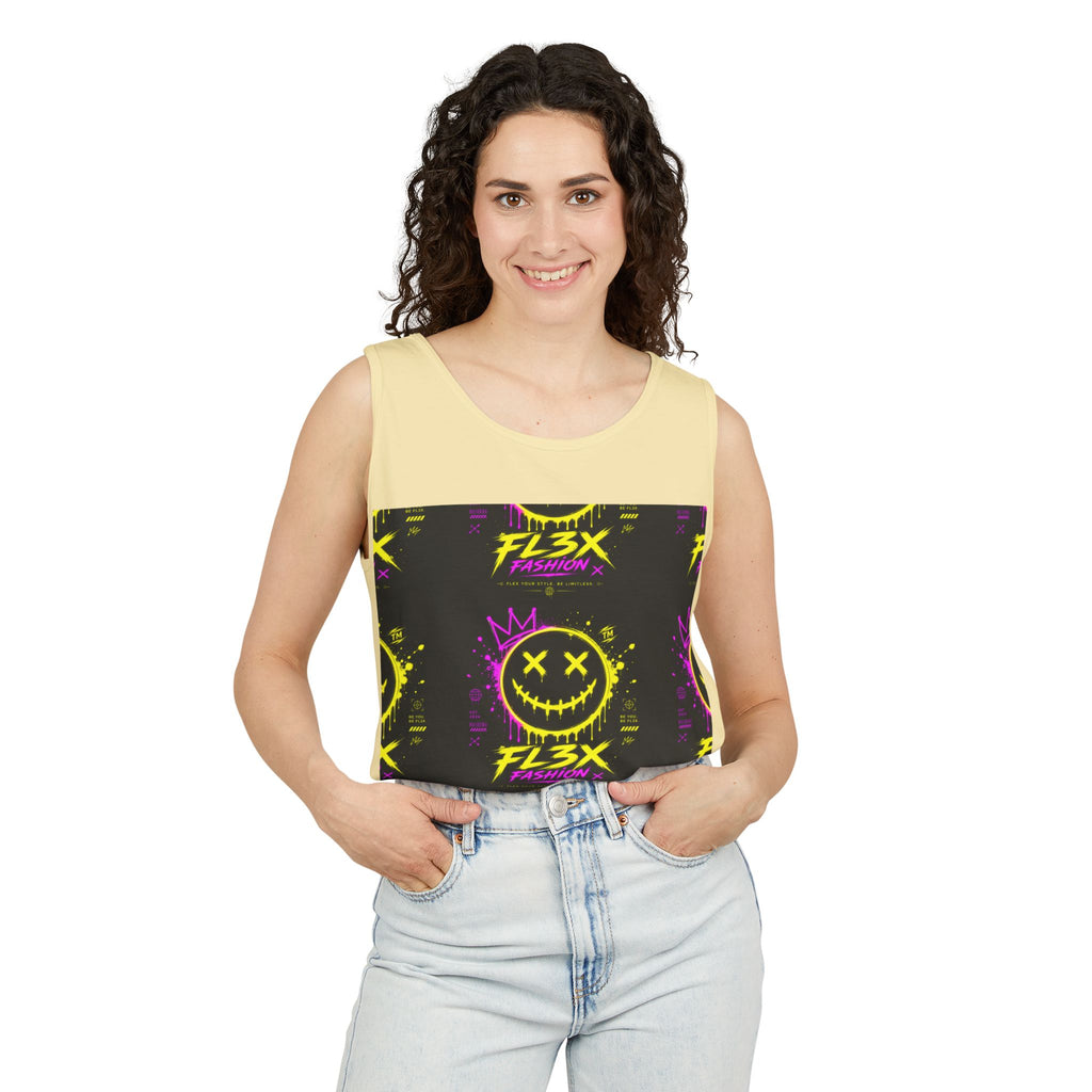 FL3X Fashion Graphic Tank Top — Neon Smiley & Devil Logo Streetwear