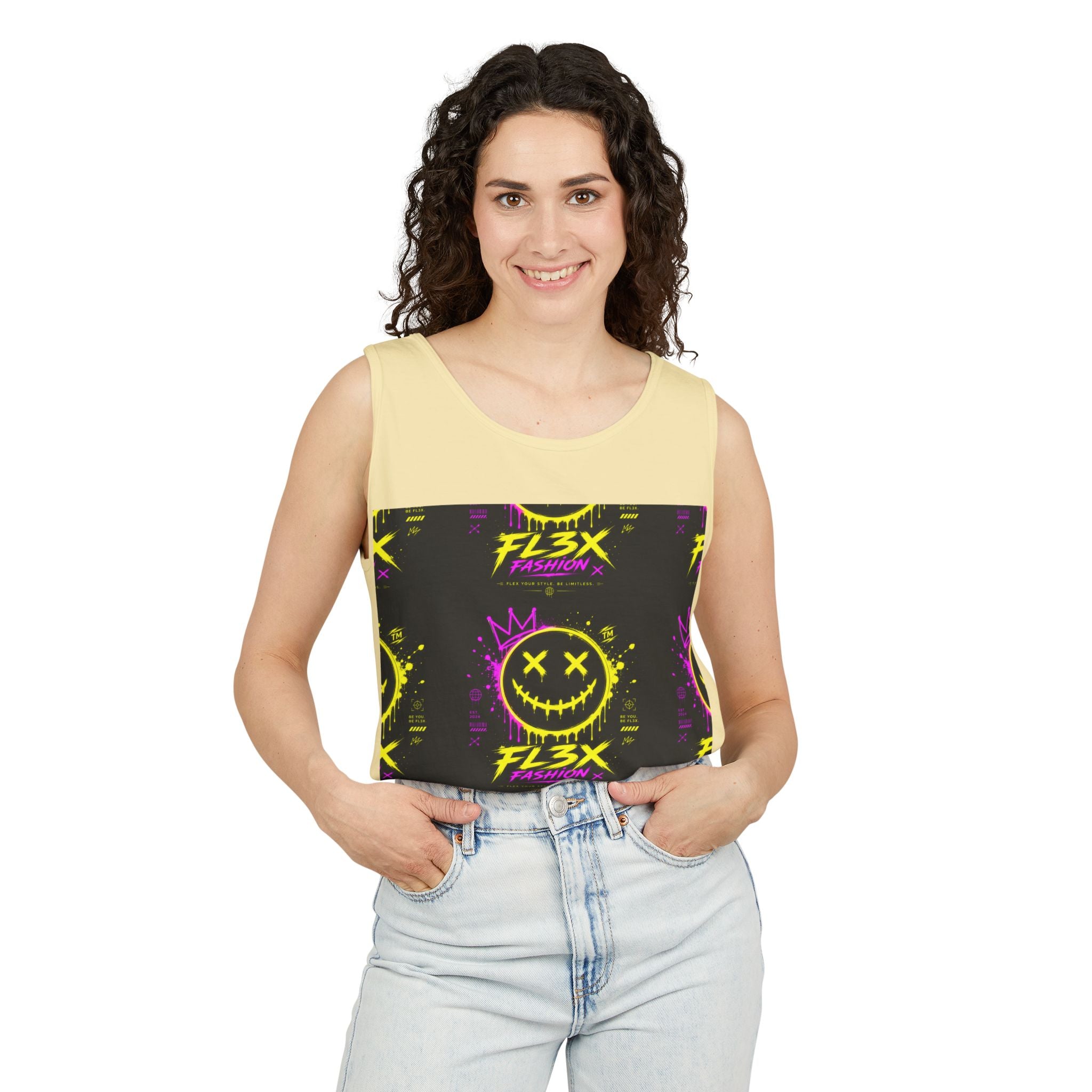 FL3X Fashion Graphic Tank Top — Neon Smiley & Devil Logo Streetwear