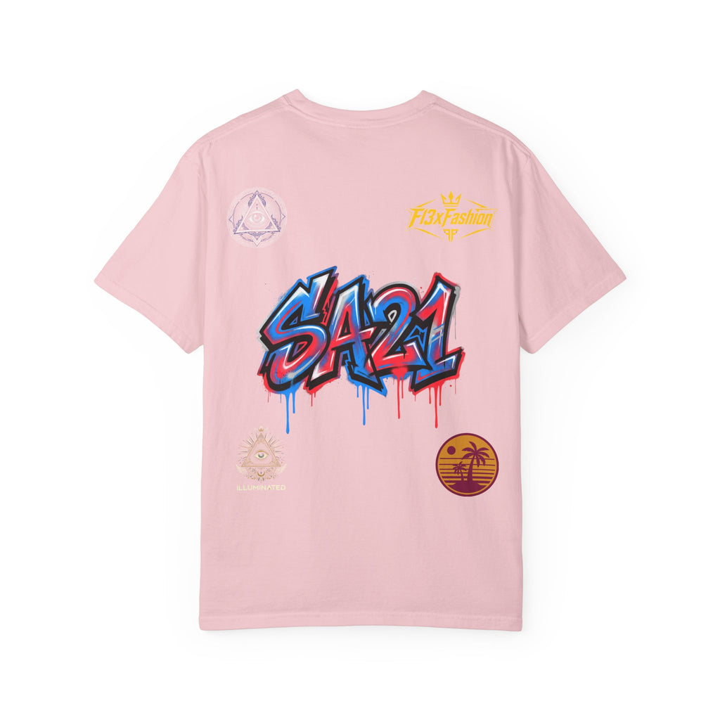 SA21 Graffiti T-Shirt — Urban Streetwear Tee with Drip Art & Tropical Patch