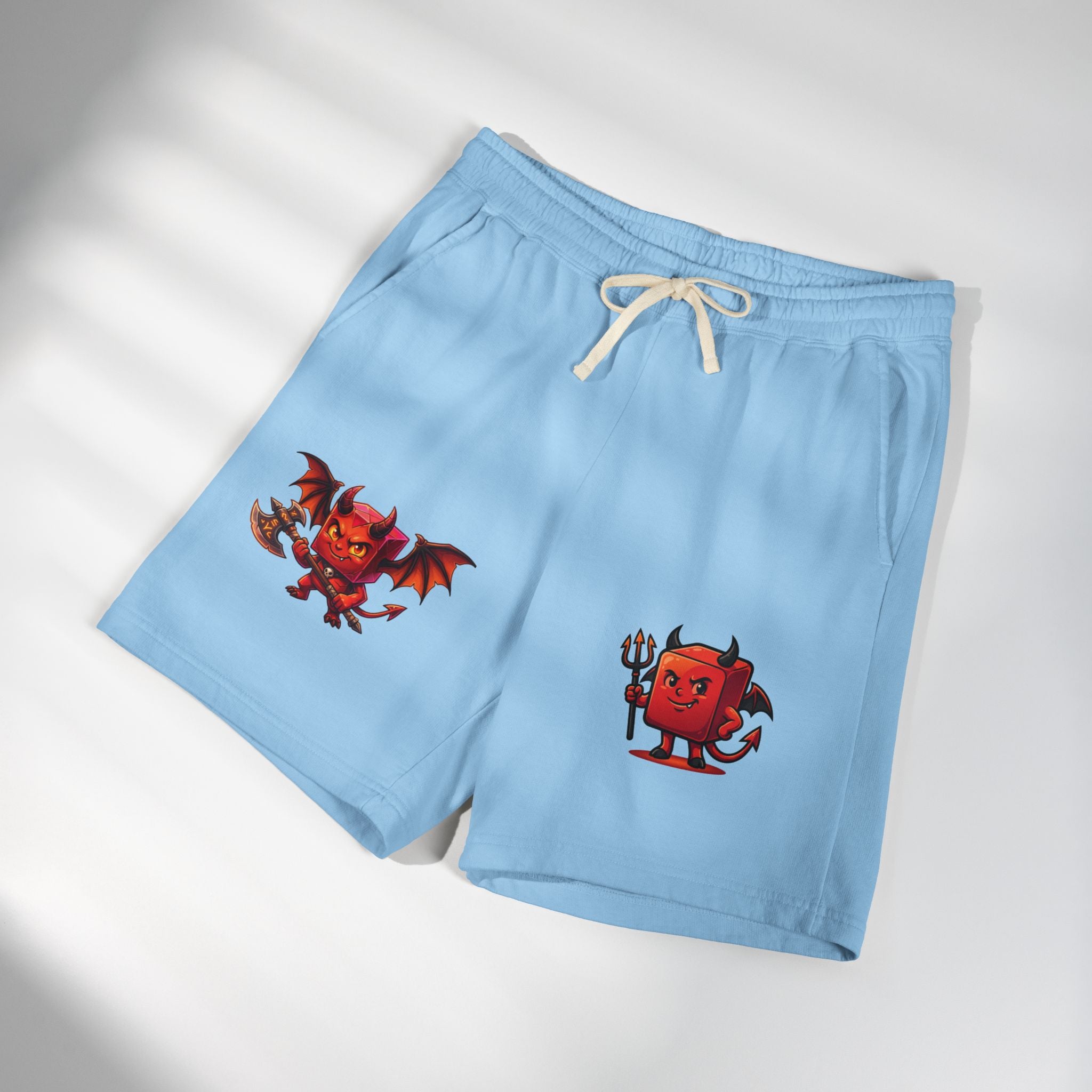 Devil Doodle Fleece Sweat Shorts — Cute Red Demon Graphic Lounge Shorts