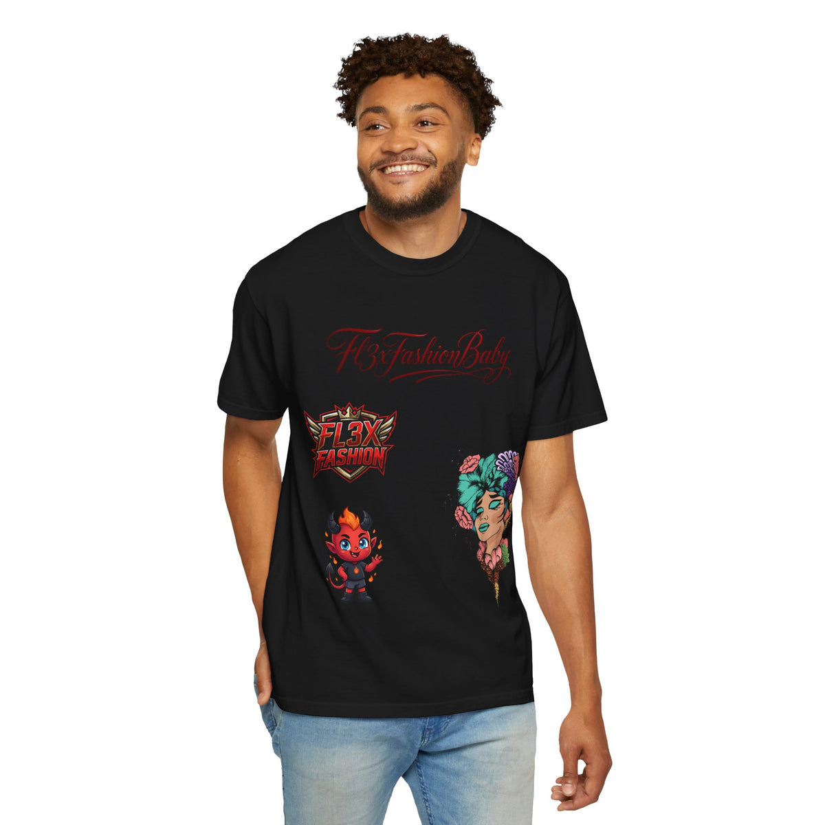 Artistic Floral Portrait T-Shirt — 'Fl3xFashionBaby' Graphic Tee