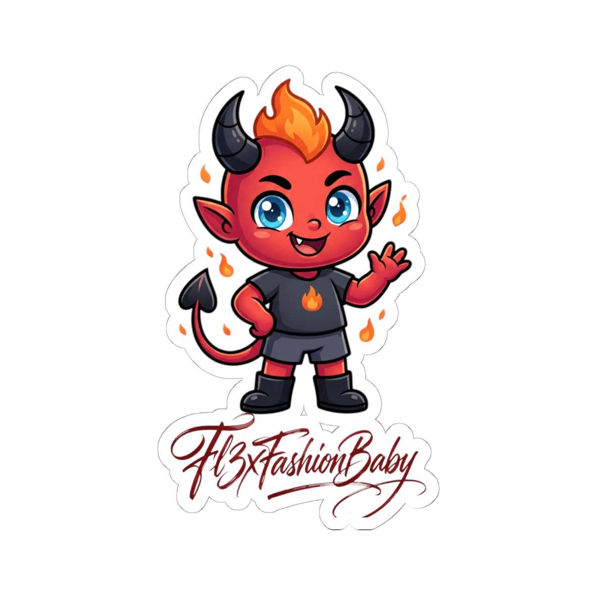 Cute Devil Character Kiss-Cut Sticker — "FlxFashionBaby" Logo