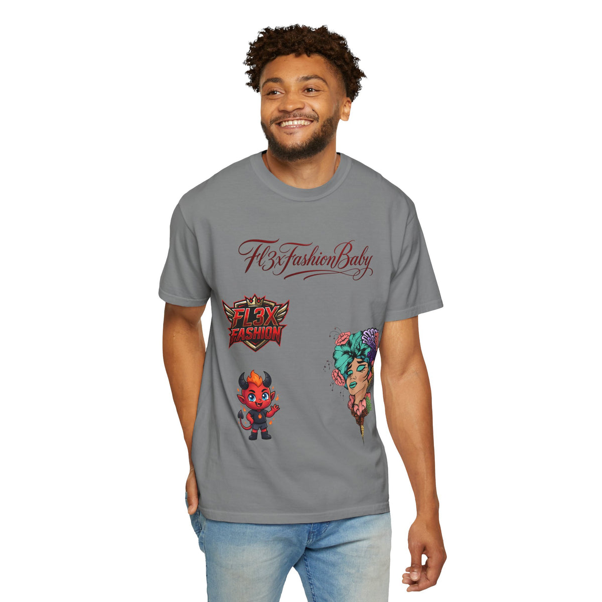 Artistic Floral Portrait T-Shirt — 'Fl3xFashionBaby' Graphic Tee