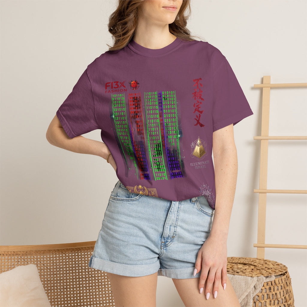 Graphic T-Shirt — Futuristic Cityscape Design with Japanese Calligraphy
