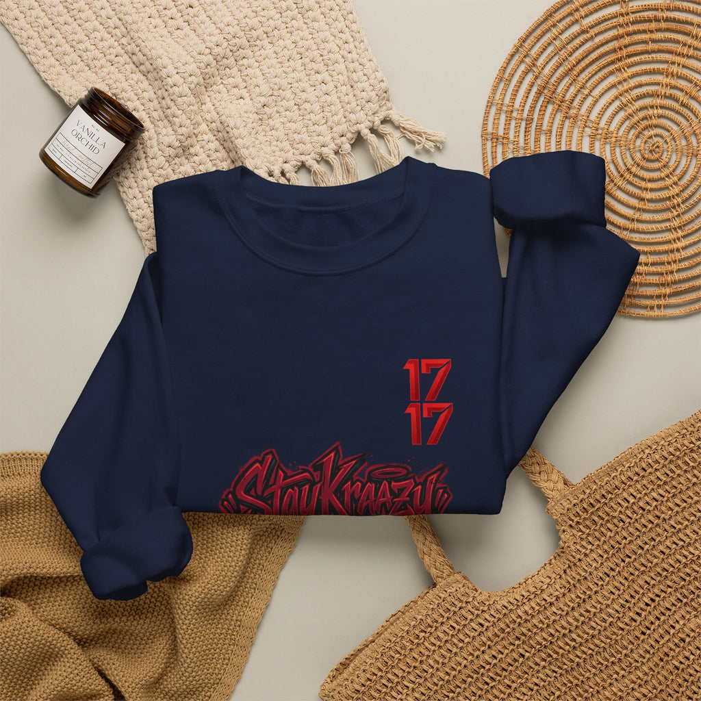 Streetwear Crewneck Sweatshirt — Graffiti 'Stay Krazy' Design with 17/17 Sleeve Accents