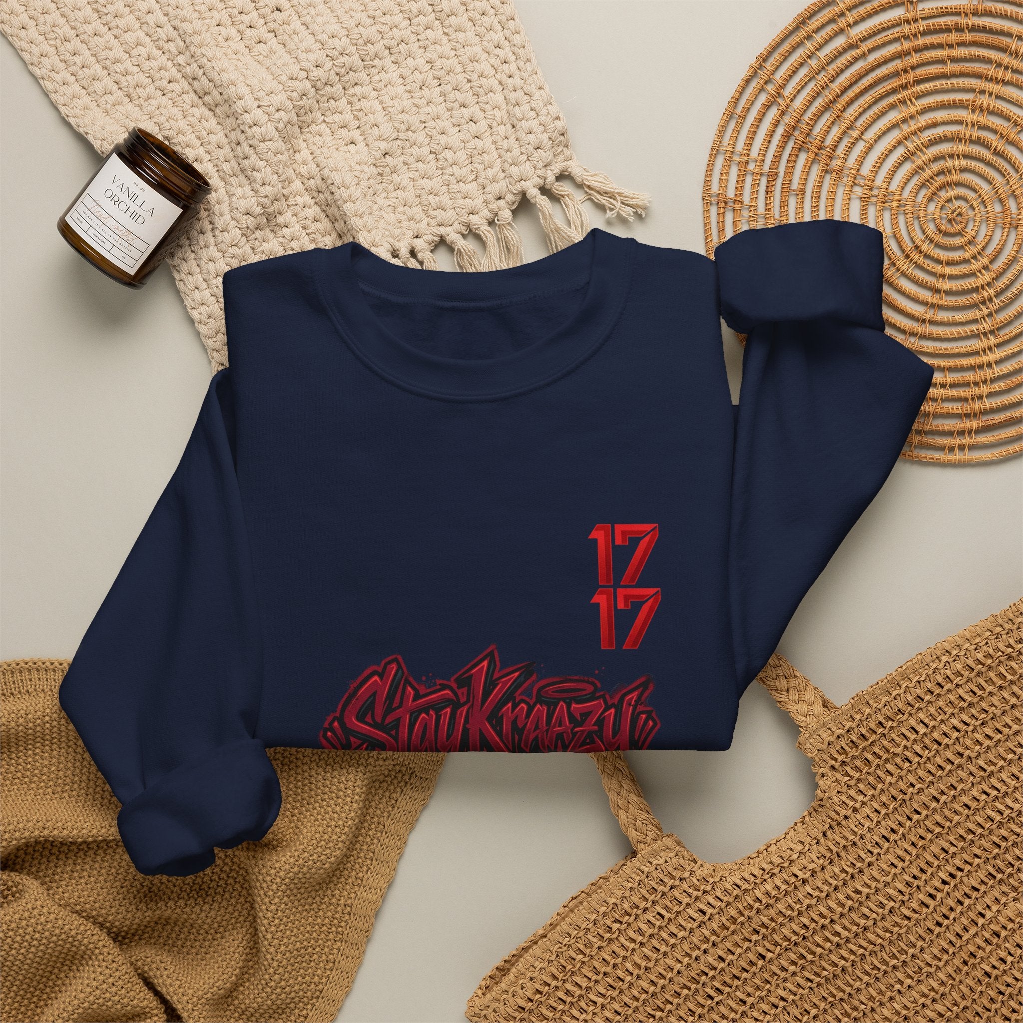 Streetwear Crewneck Sweatshirt — Graffiti 'Stay Krazy' Design with 17/17 Sleeve Accents