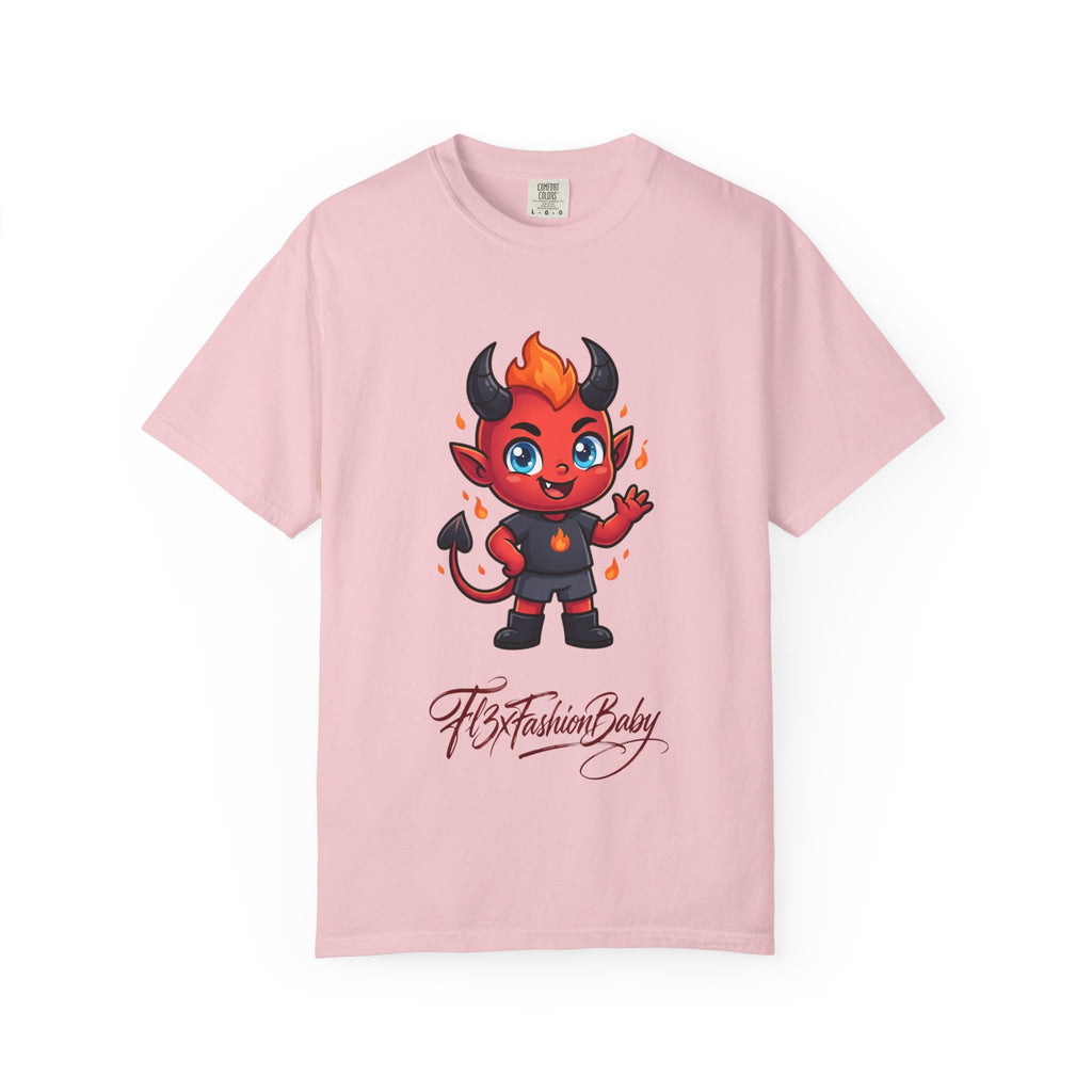 Devil Baby Graphic T-Shirt — Cute Red Demon Cartoon Tee with "FBfashionBaby" Script