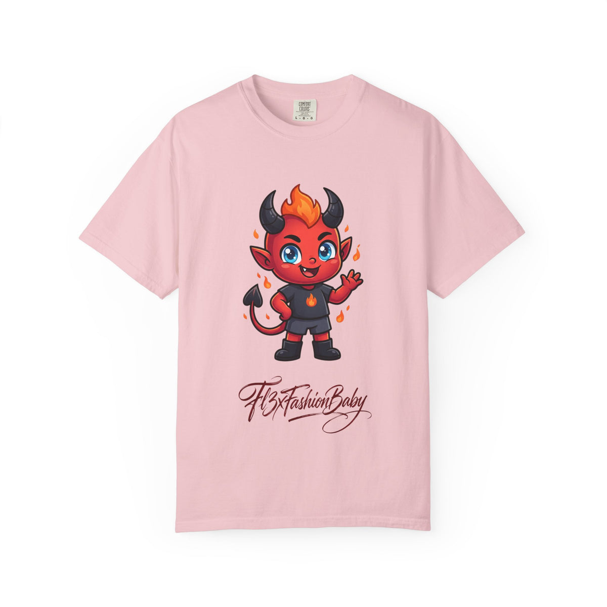 Devil Baby Graphic T-Shirt — Cute Red Demon Cartoon Tee with "FBfashionBaby" Script
