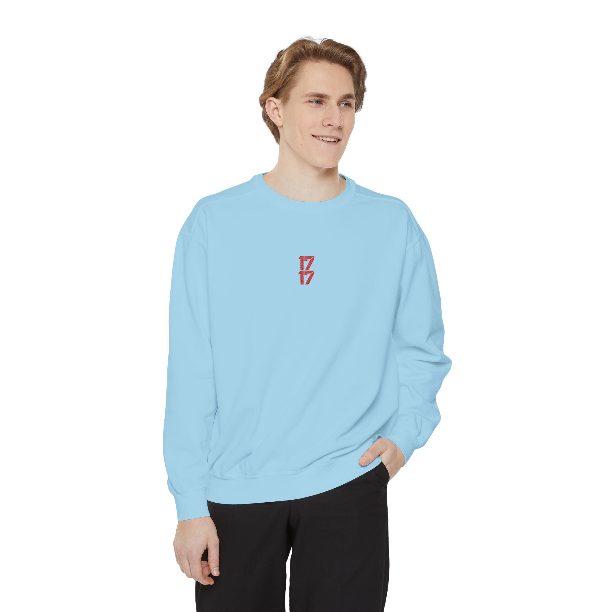 Sweatshirt — Minimal Red "17/17" Chest Logo Garment-Dyed Crew