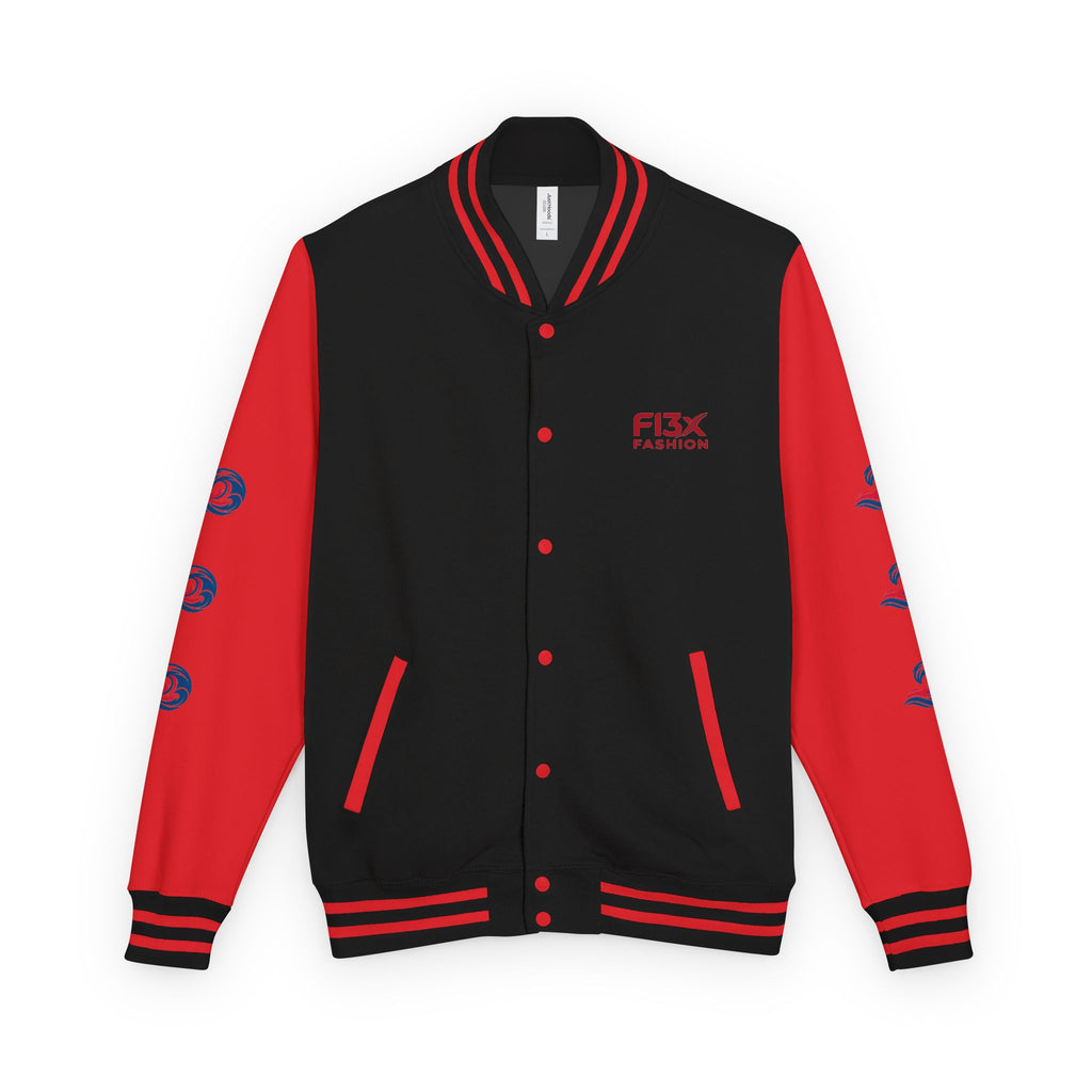 Letterman Jacket — Red Wave Graphic Varsity Jacket with 'F13X Fashion' Logo