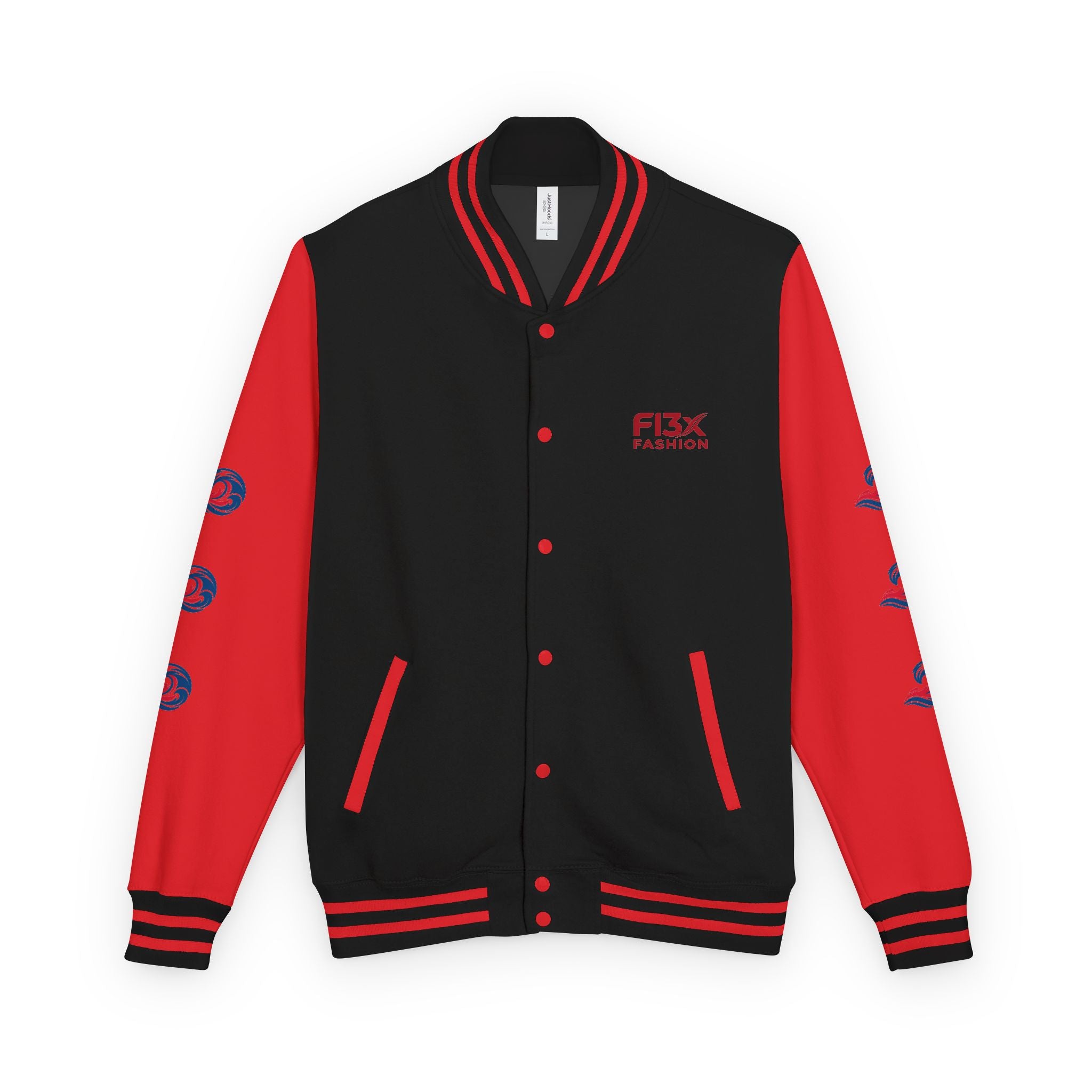 Letterman Jacket — Red Wave Graphic Varsity Jacket with 'F13X Fashion' Logo