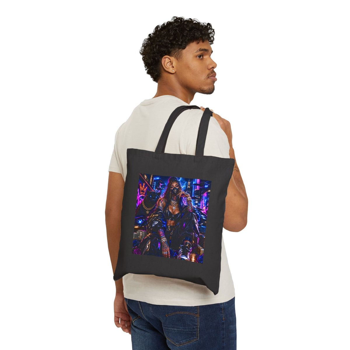 Cyberpunk Nightlife Tote Bag — Neon City Rider Canvas Tote