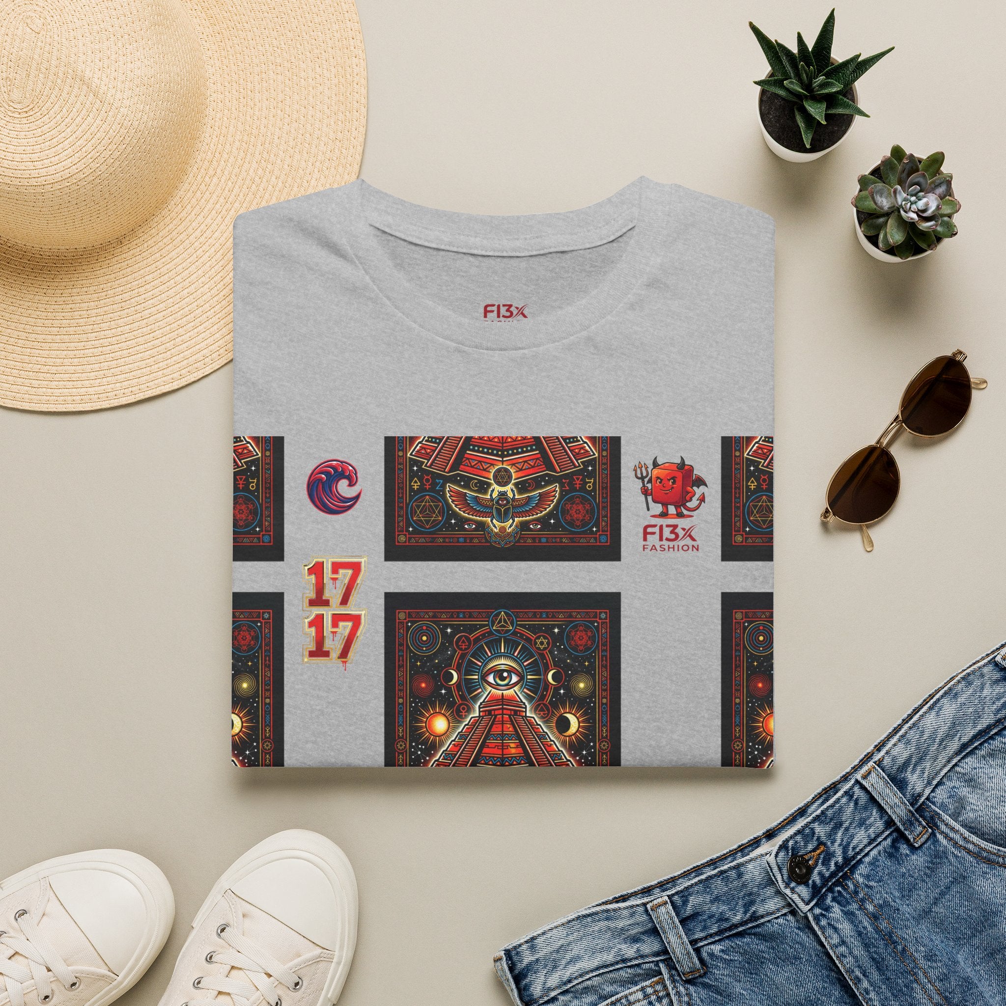 T-Shirt — Retro Cosmic Tarot Graphic with '17' Mystic Symbols