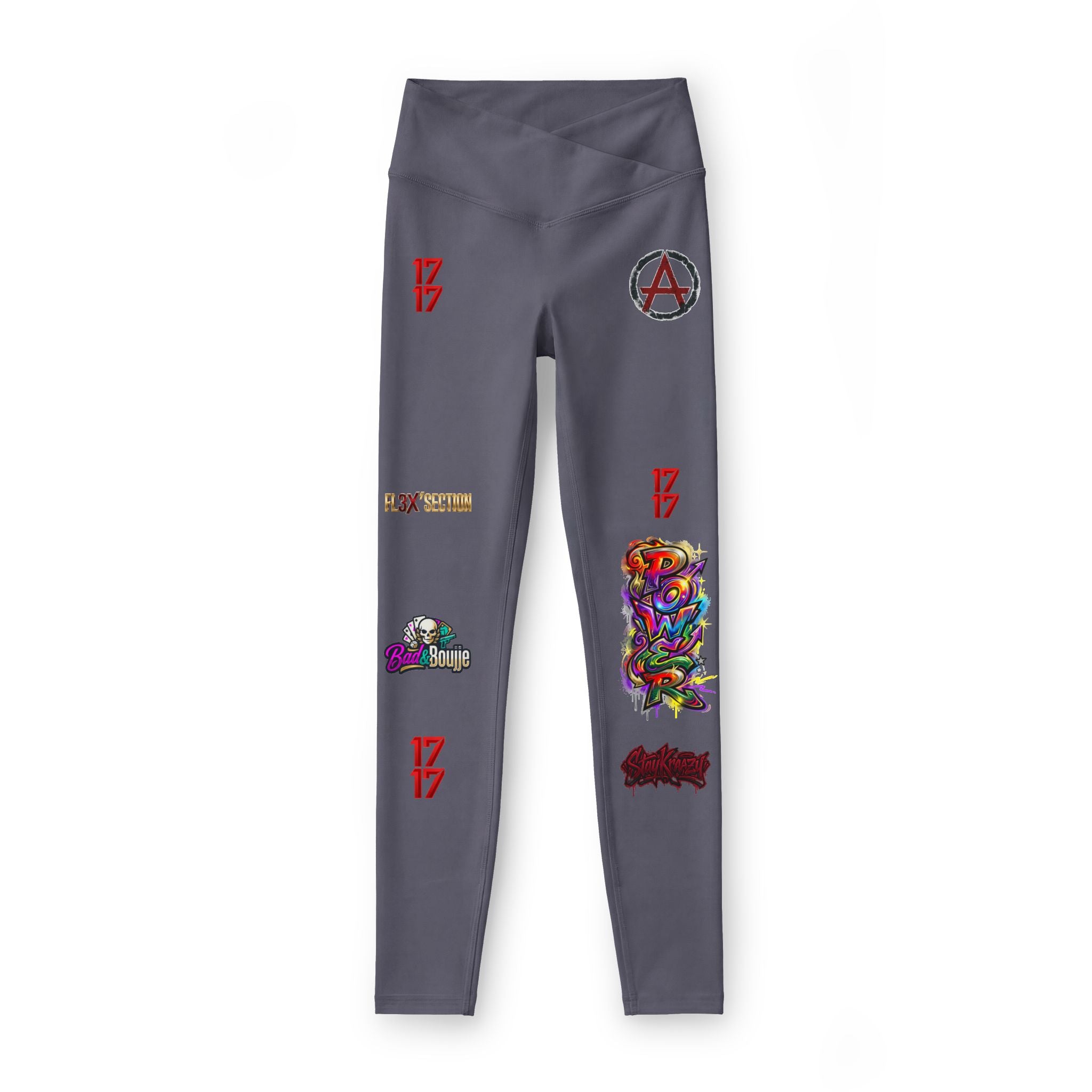 Graphic Patchwork Women's Leggings — Colorful Art & Emblem Print