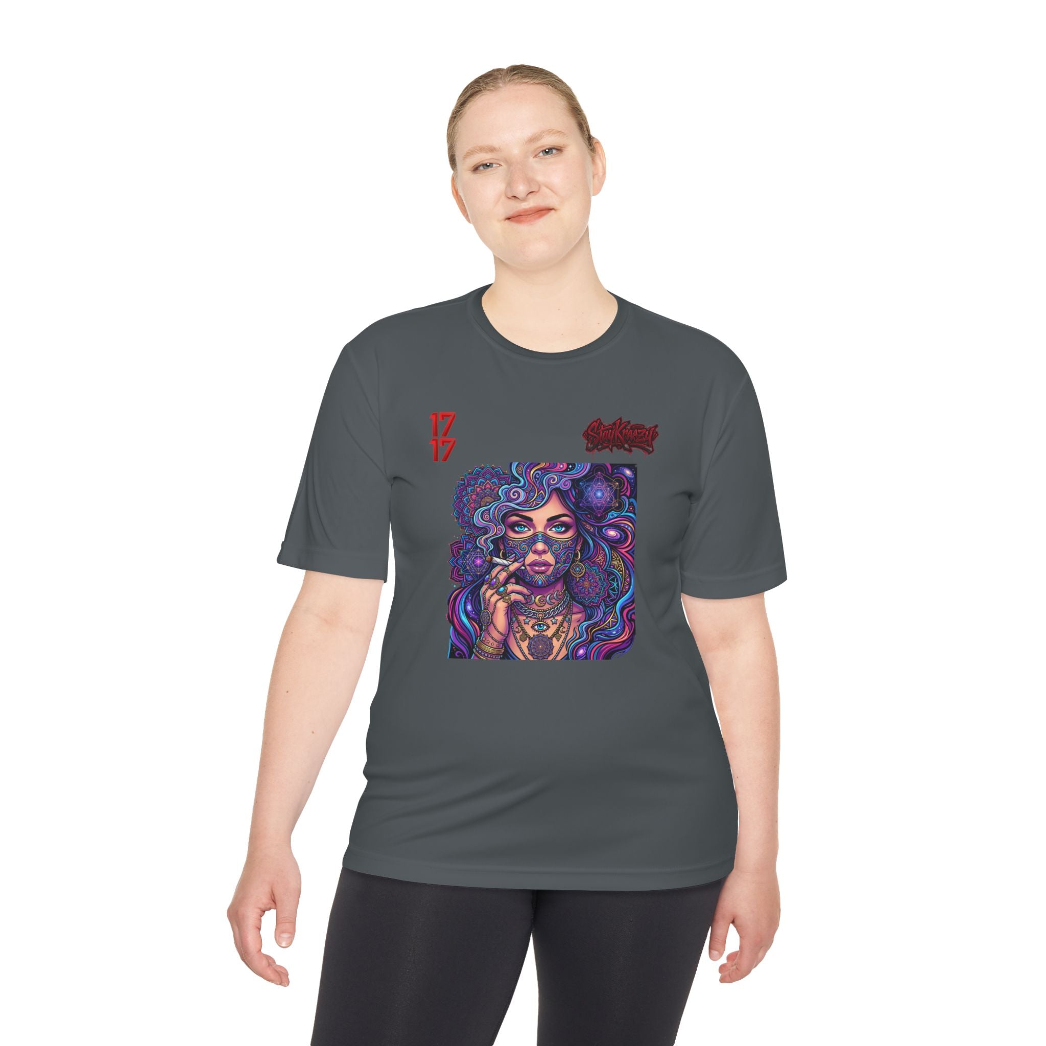 Psychedelic Woman Graphic Tee — Retro Cosmic Portrait Moisture‑Wicking Shirt
