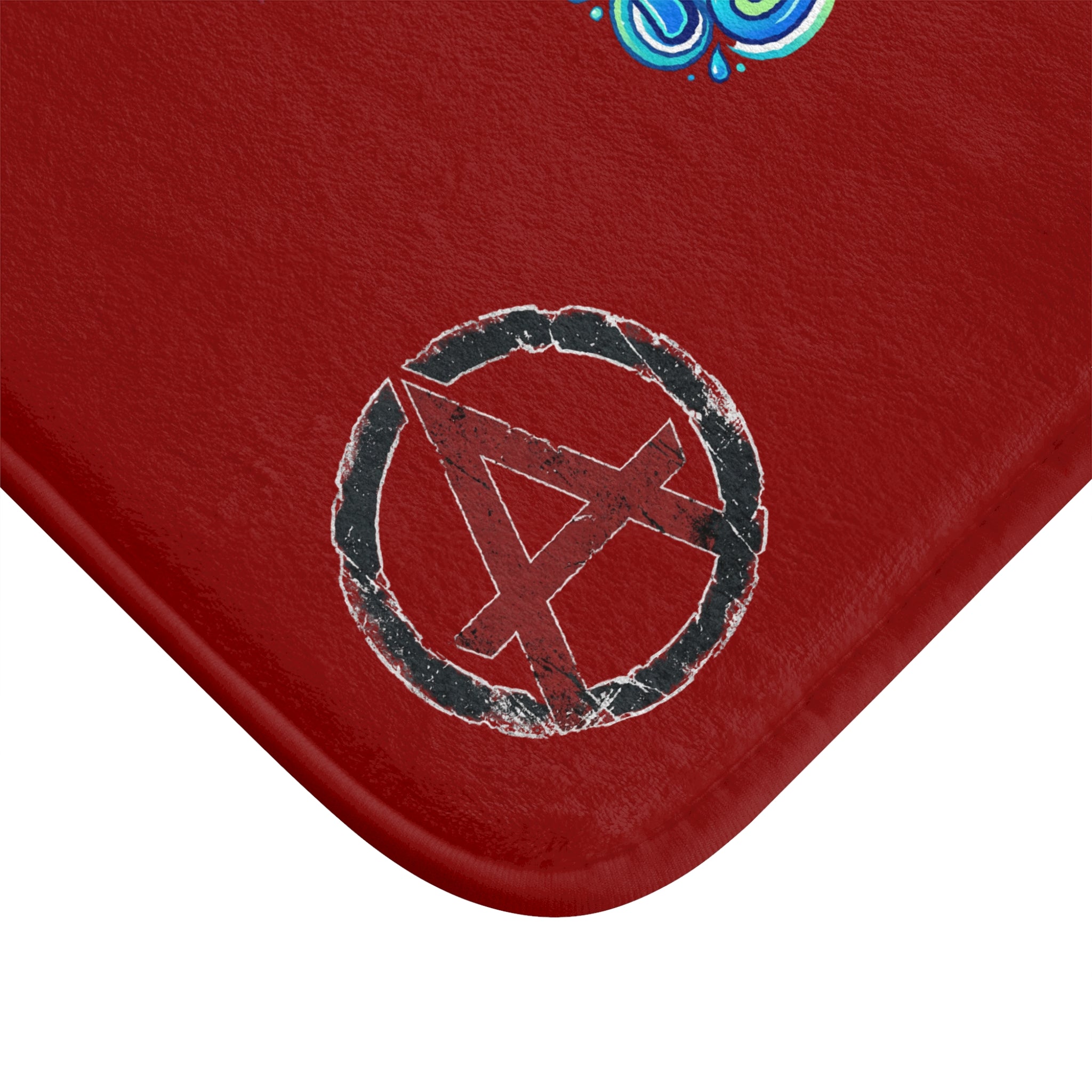Red Graphic Sticker-Style Bath Mat — Anarchy, FreshUp & Psychedelic Emblems