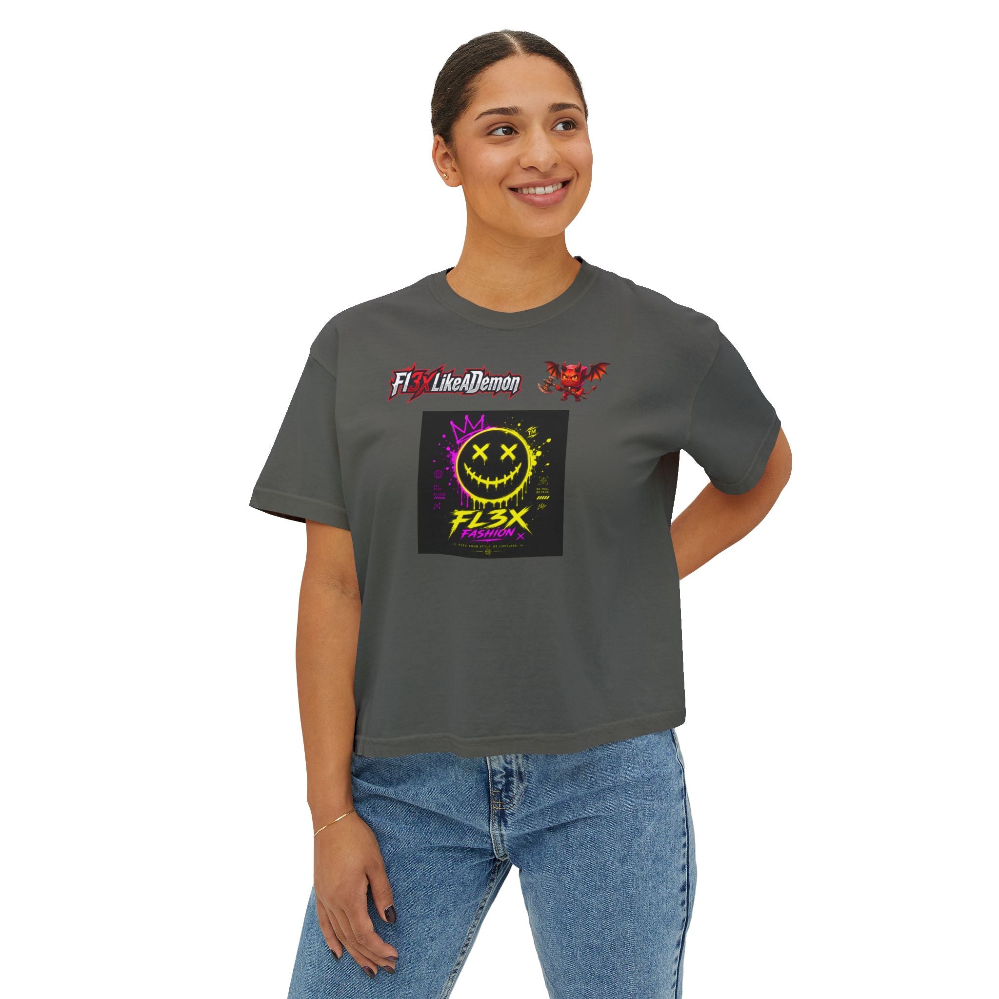 Women's Boxy Tee - Neon Smiley "FL3X" Graphic Streetwear