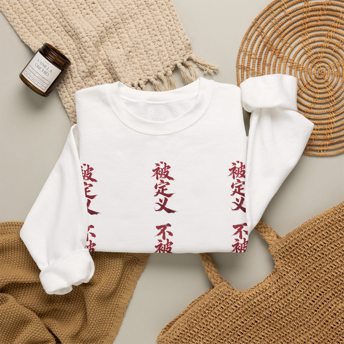 Crewneck Sweatshirt — Vertical Red Kanji Text Graphic