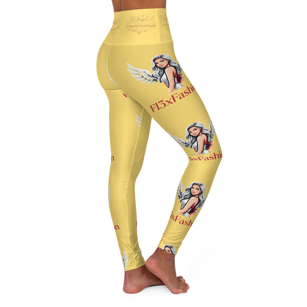 High-Waist Yoga Leggings — Yellow Angel Wing Floral AOP with 'F13xion' Text