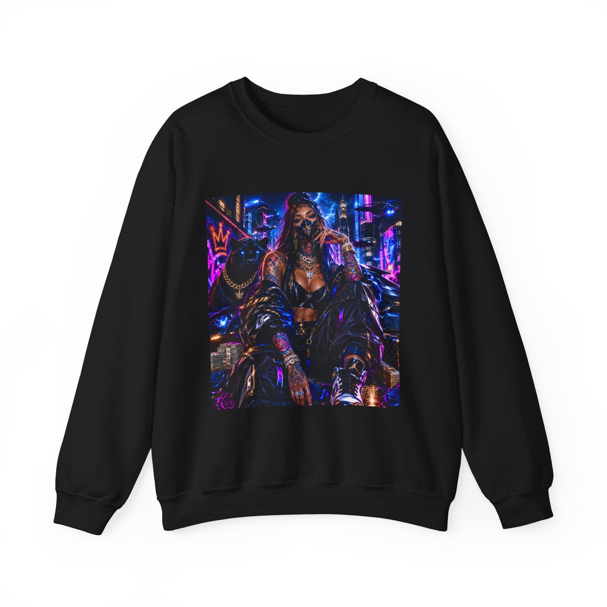 Cyberpunk Queen Crewneck Sweatshirt — Neon Futuristic Streetwear