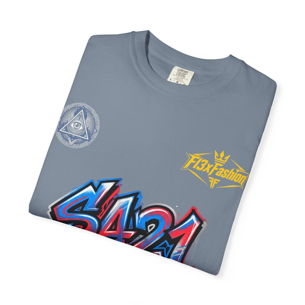 SA21 Graffiti T-Shirt — Urban Streetwear Tee with Drip Art & Tropical Patch