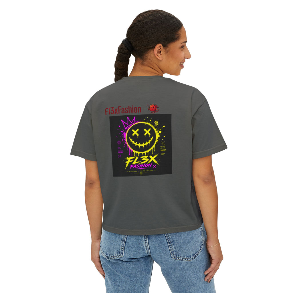 Women's Boxy Tee - Neon Smiley "FL3X" Graphic Streetwear